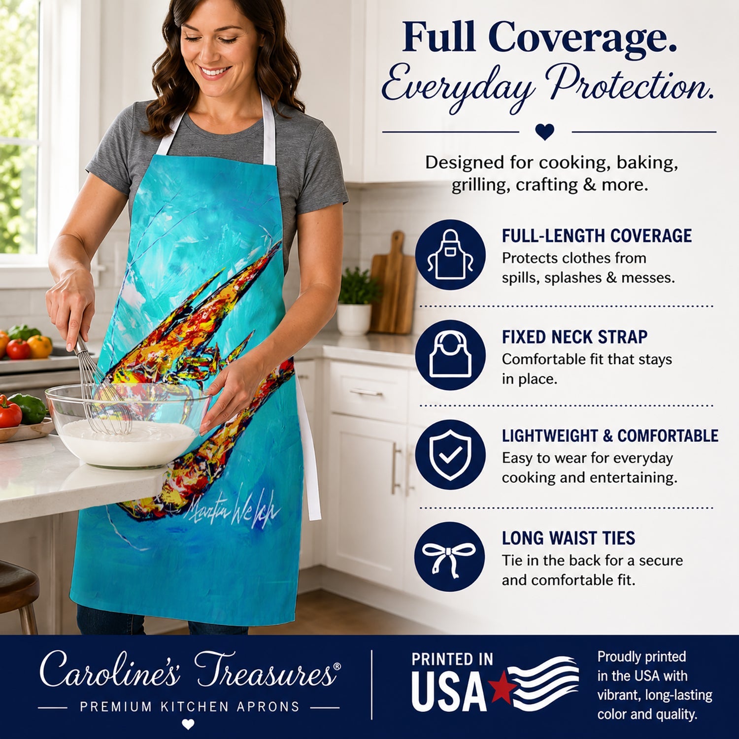 All That Jazz Teal Shrimp Apron Cooking Kitchen Server Baking Crafts Gardening for Adult Women Men, Unisex, Large, Multicolor