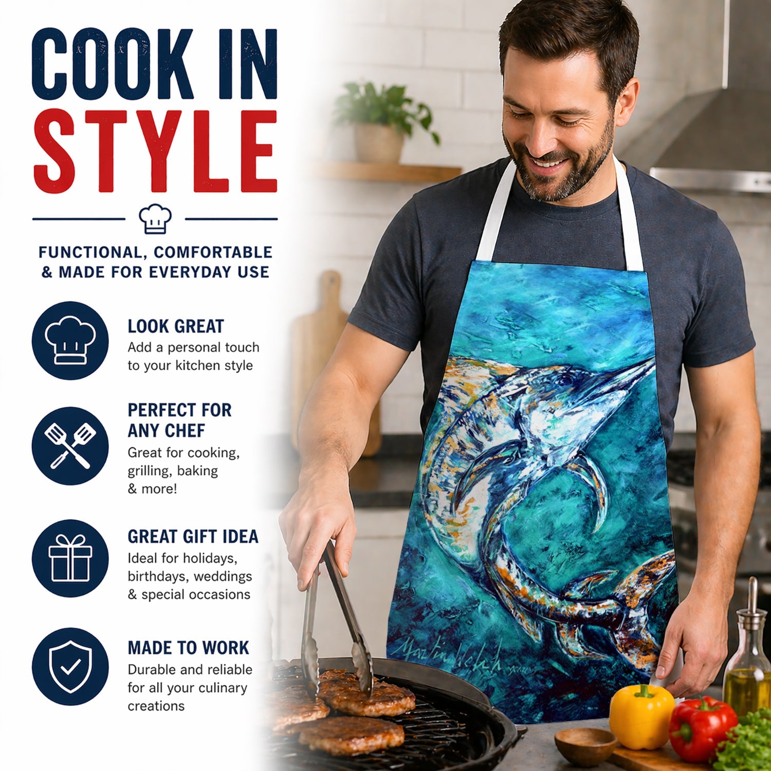 American Marlin Apron Cooking Kitchen Server Baking Crafts Gardening for Adult Women Men, Unisex, Large, Multicolor