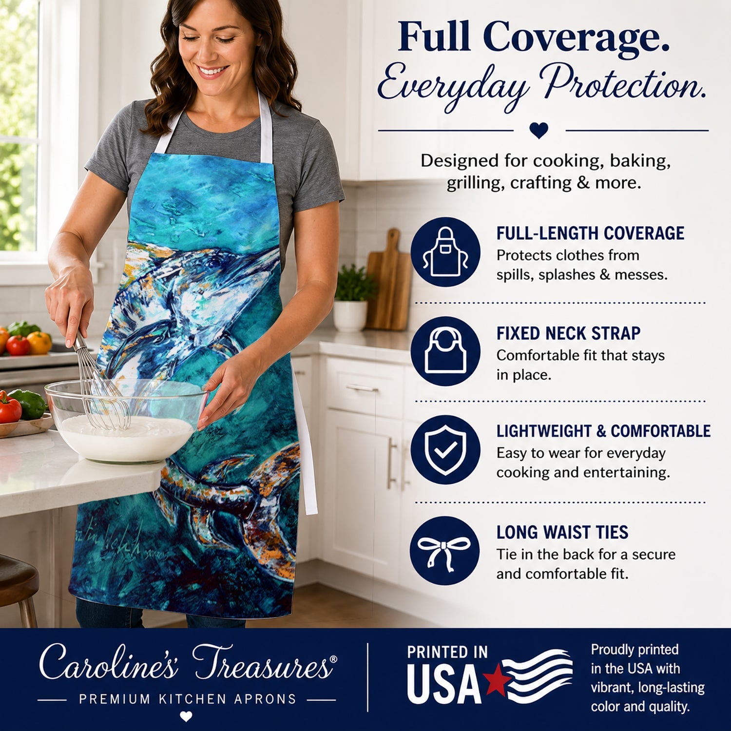 American Marlin Apron Cooking Kitchen Server Baking Crafts Gardening for Adult Women Men, Unisex, Large, Multicolor