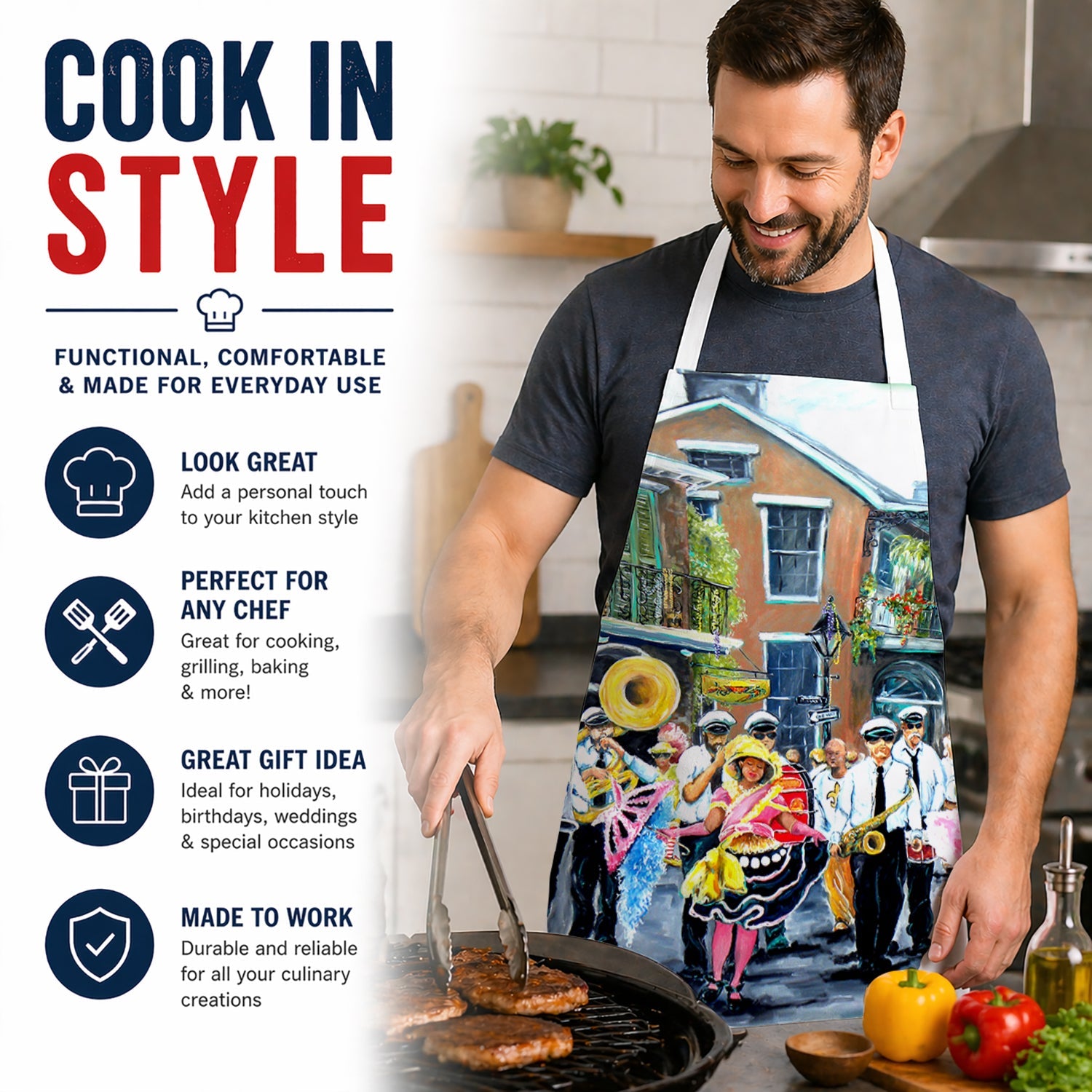 New Orleans French Quarter Frolic Apron Cooking Kitchen Server Baking Crafts Gardening for Adult Women Men, Unisex, Large, Multicolor