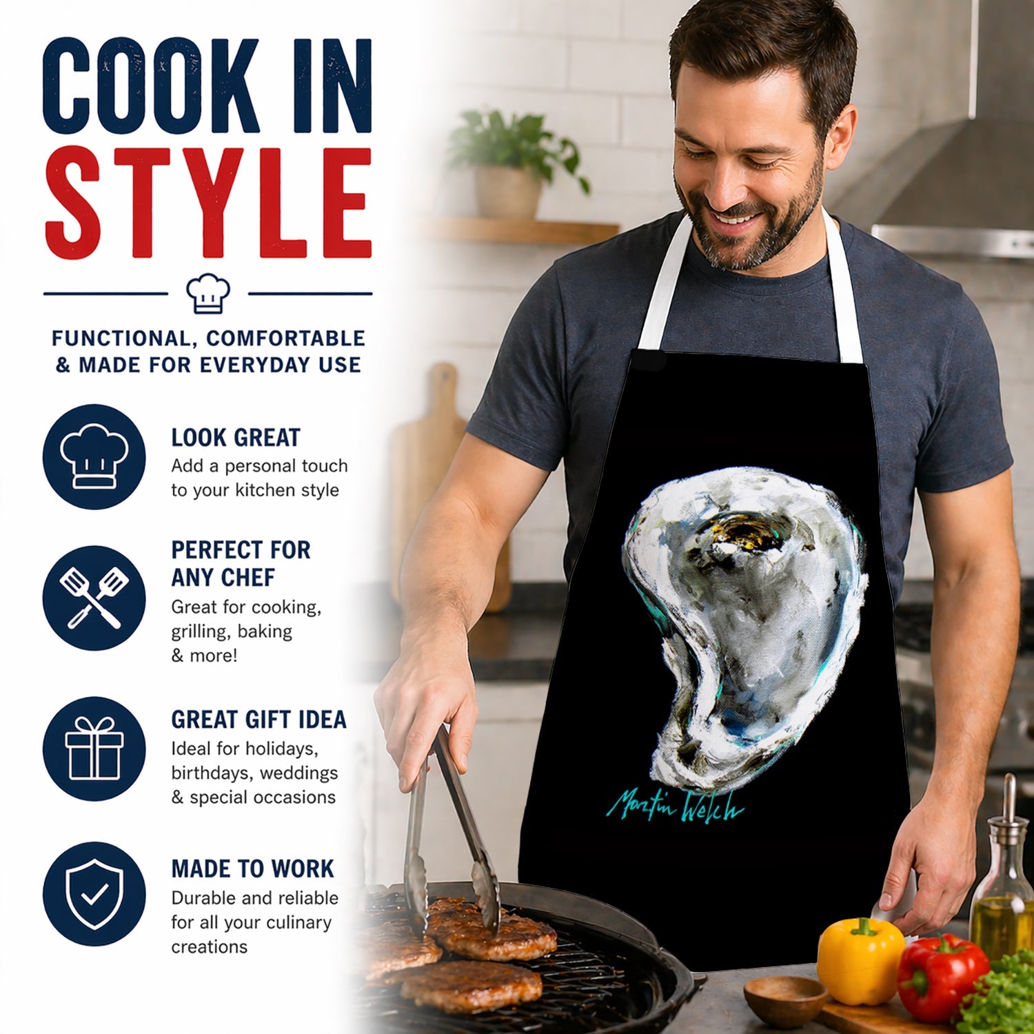 Lucky Oyster Apron Cooking Kitchen Server Baking Crafts Gardening for Adult Women Men, Unisex, Large, Multicolor