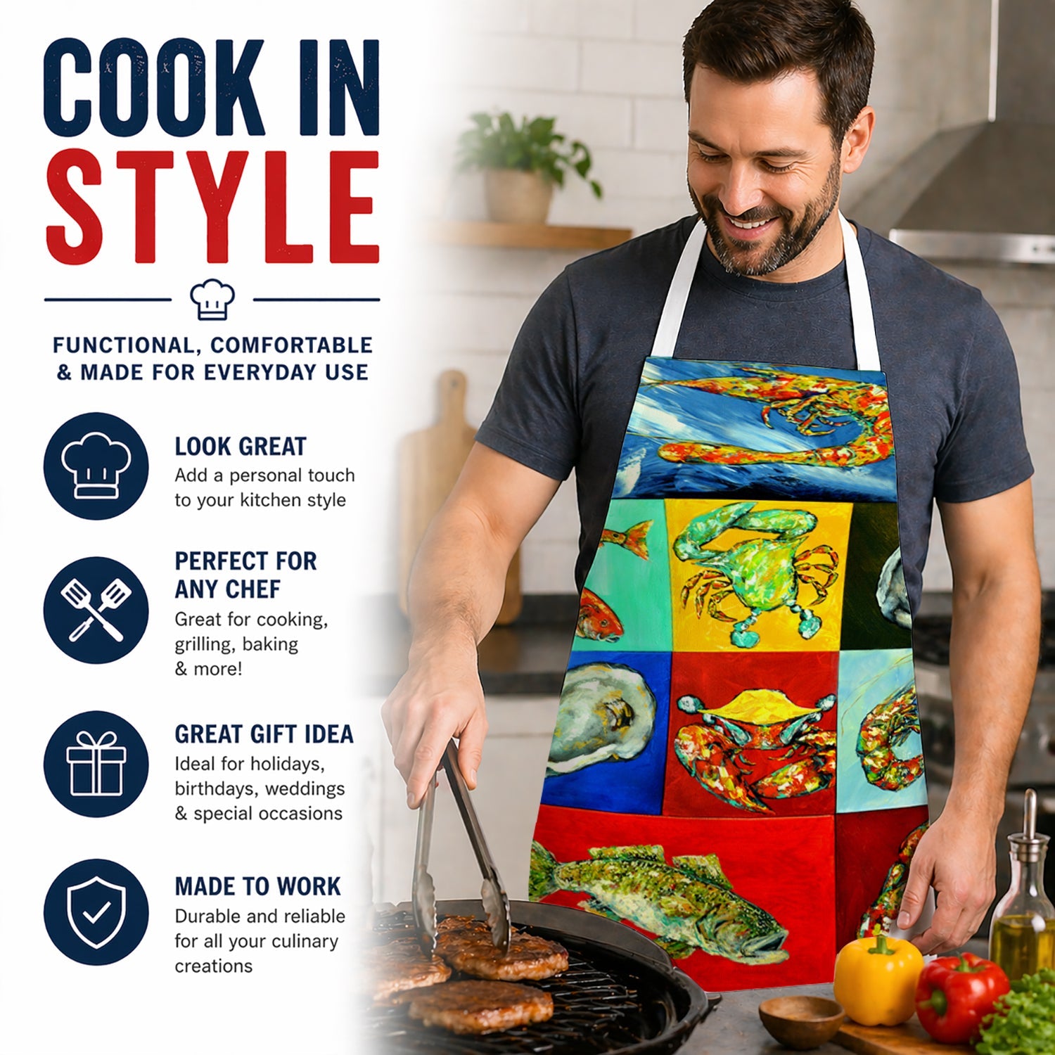Mixed Seafood Apron Cooking Kitchen Server Baking Crafts Gardening for Adult Women Men, Unisex, Large, Multicolor