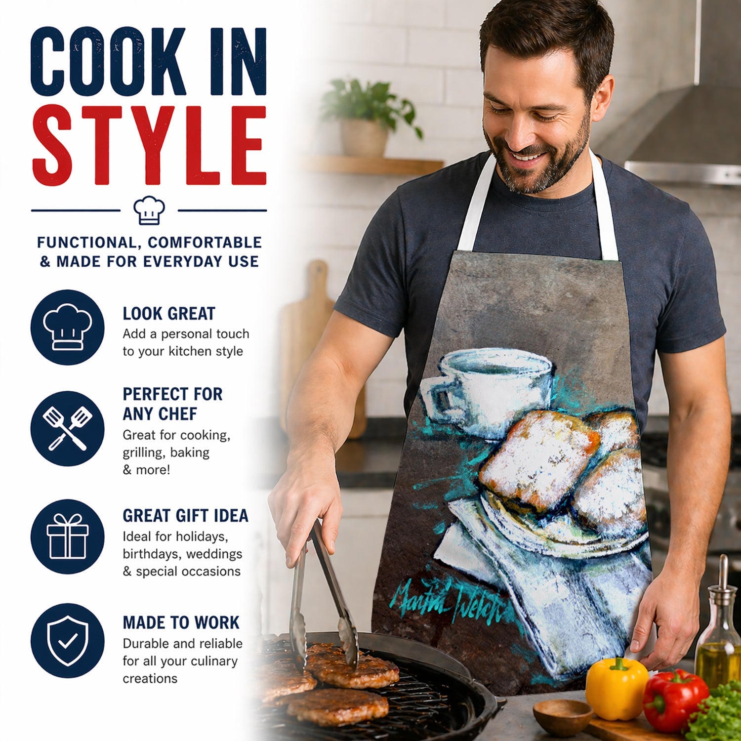 Piping Hot Beignets Apron Cooking Kitchen Server Baking Crafts Gardening for Adult Women Men, Unisex, Large, Multicolor