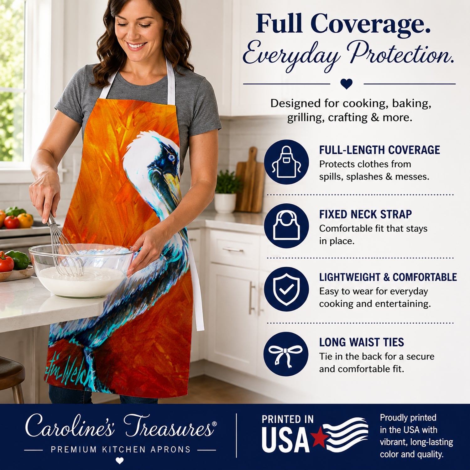 Proud Pelican Apron Cooking Kitchen Server Baking Crafts Gardening for Adult Women Men, Unisex, Large, Multicolor