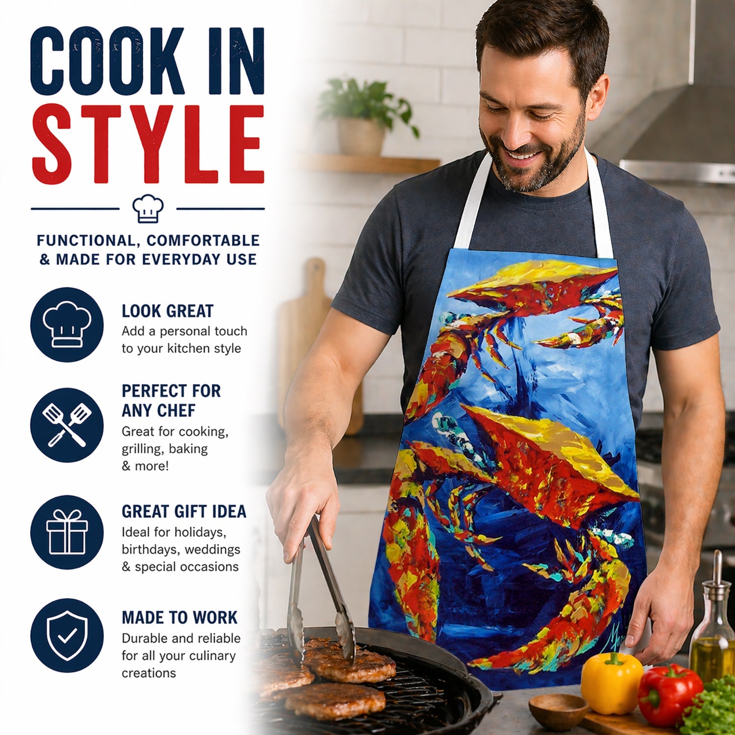 Puddle O' Two Crabs Apron Cooking Kitchen Server Baking Crafts Gardening for Adult Women Men, Unisex, Large, Multicolor