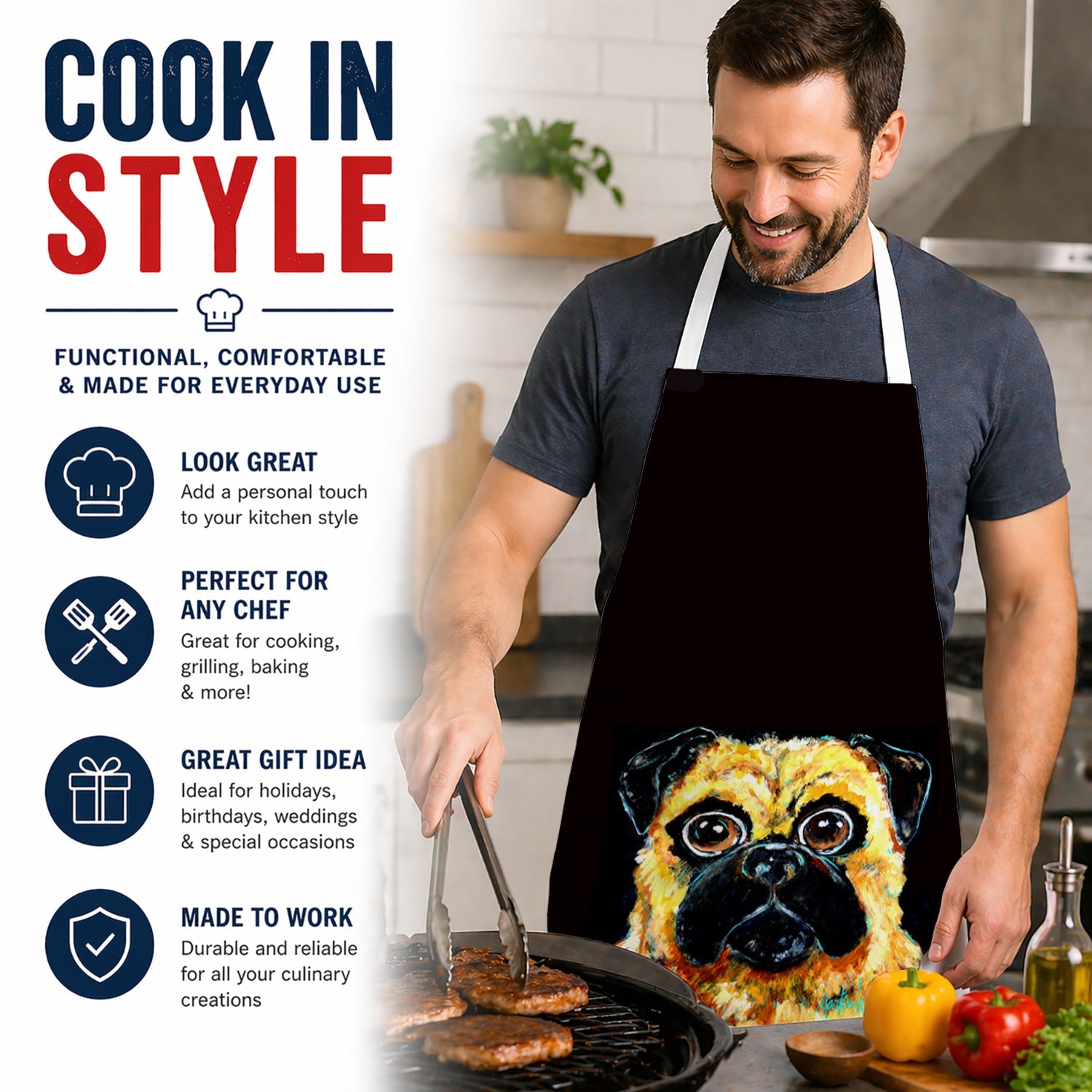 Pug it out Apron Cooking Kitchen Server Baking Crafts Gardening for Adult Women Men, Unisex, Large, Multicolor