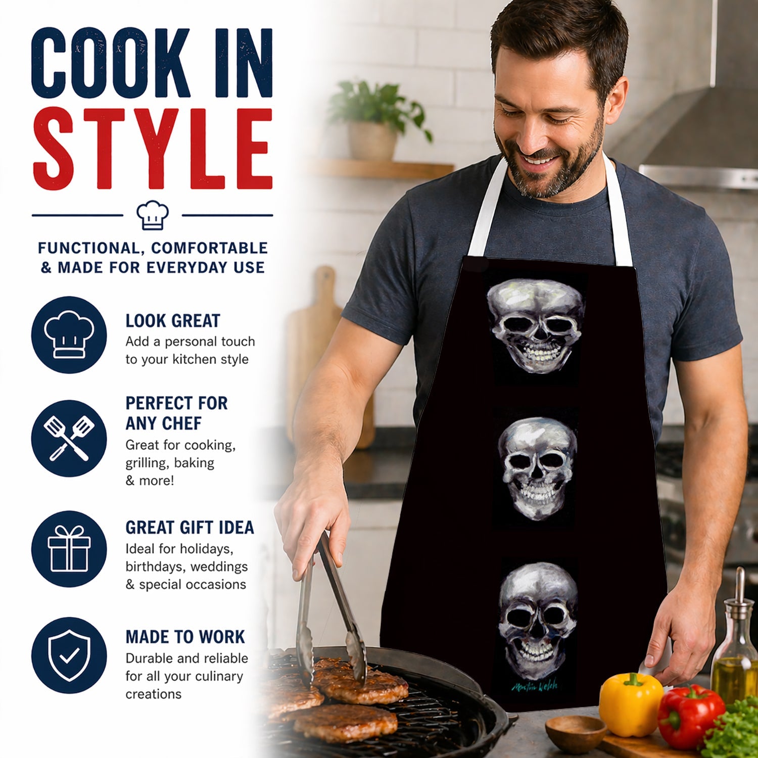 Say Cheese Skulls Apron Cooking Kitchen Server Baking Crafts Gardening for Adult Women Men, Unisex, Large, Multicolor