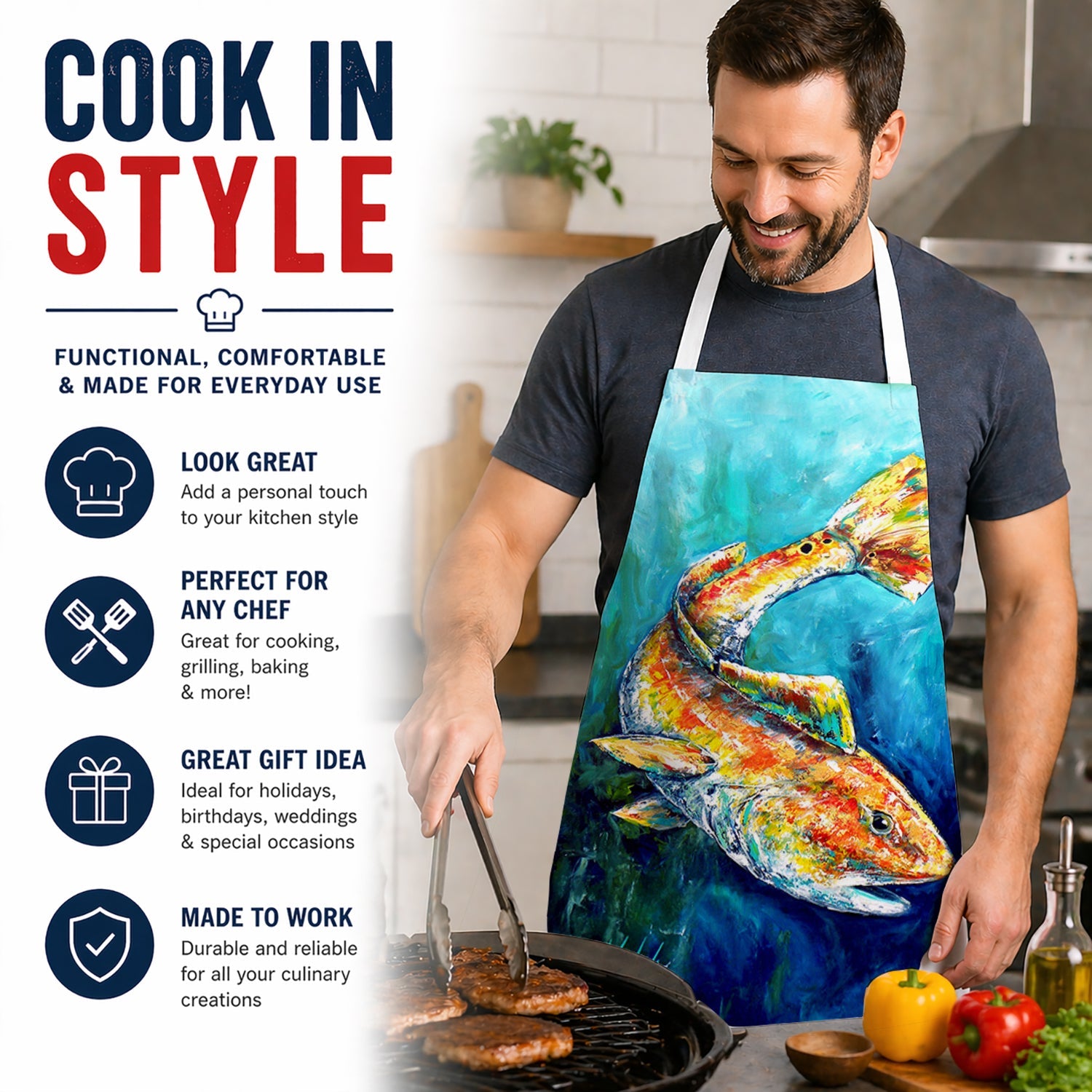 Searching Below Red Fish Apron Cooking Kitchen Server Baking Crafts Gardening for Adult Women Men, Unisex, Large, Multicolor