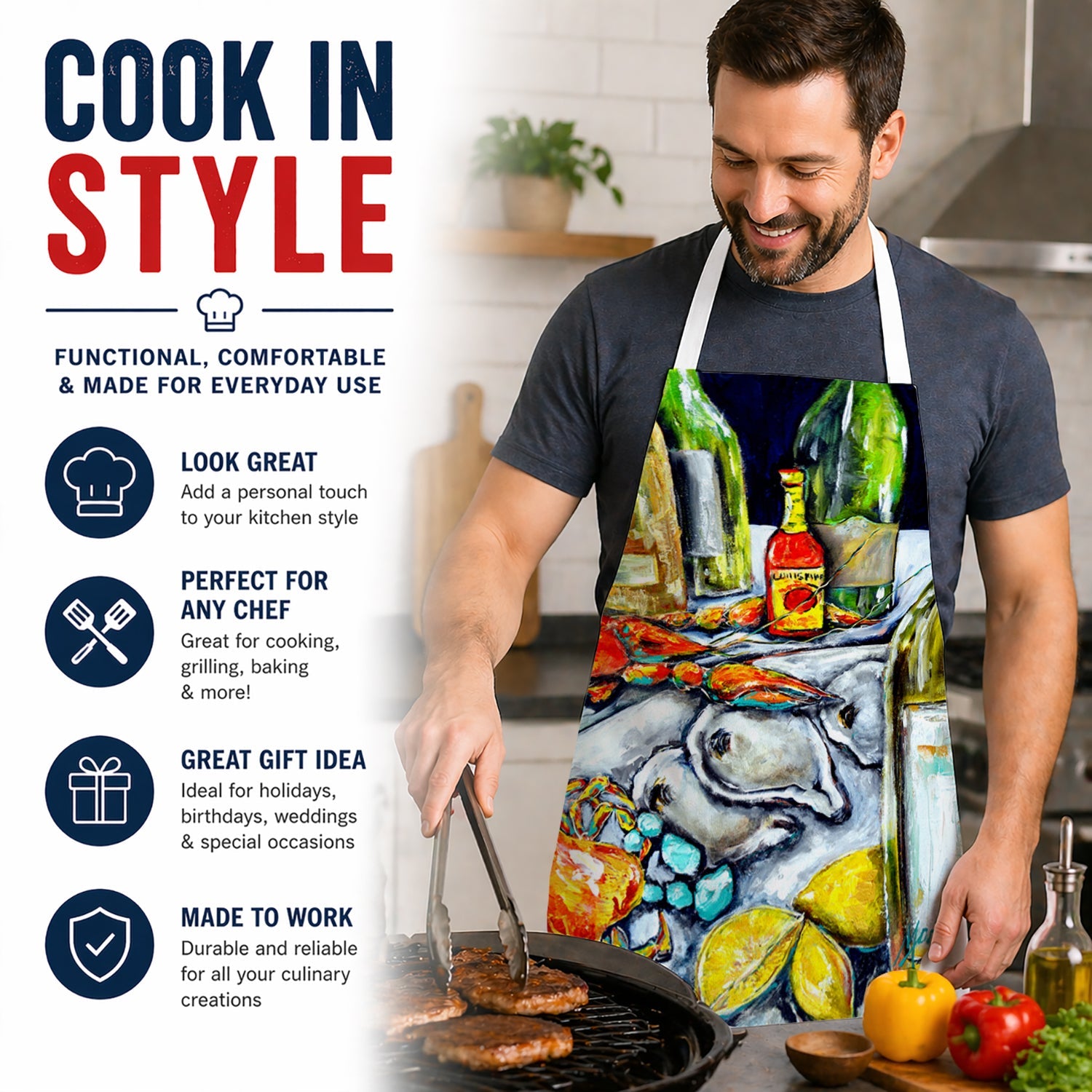 Sit a Spell Seafood Crab boil Apron Cooking Kitchen Server Baking Crafts Gardening for Adult Women Men, Unisex, Large, Multicolor