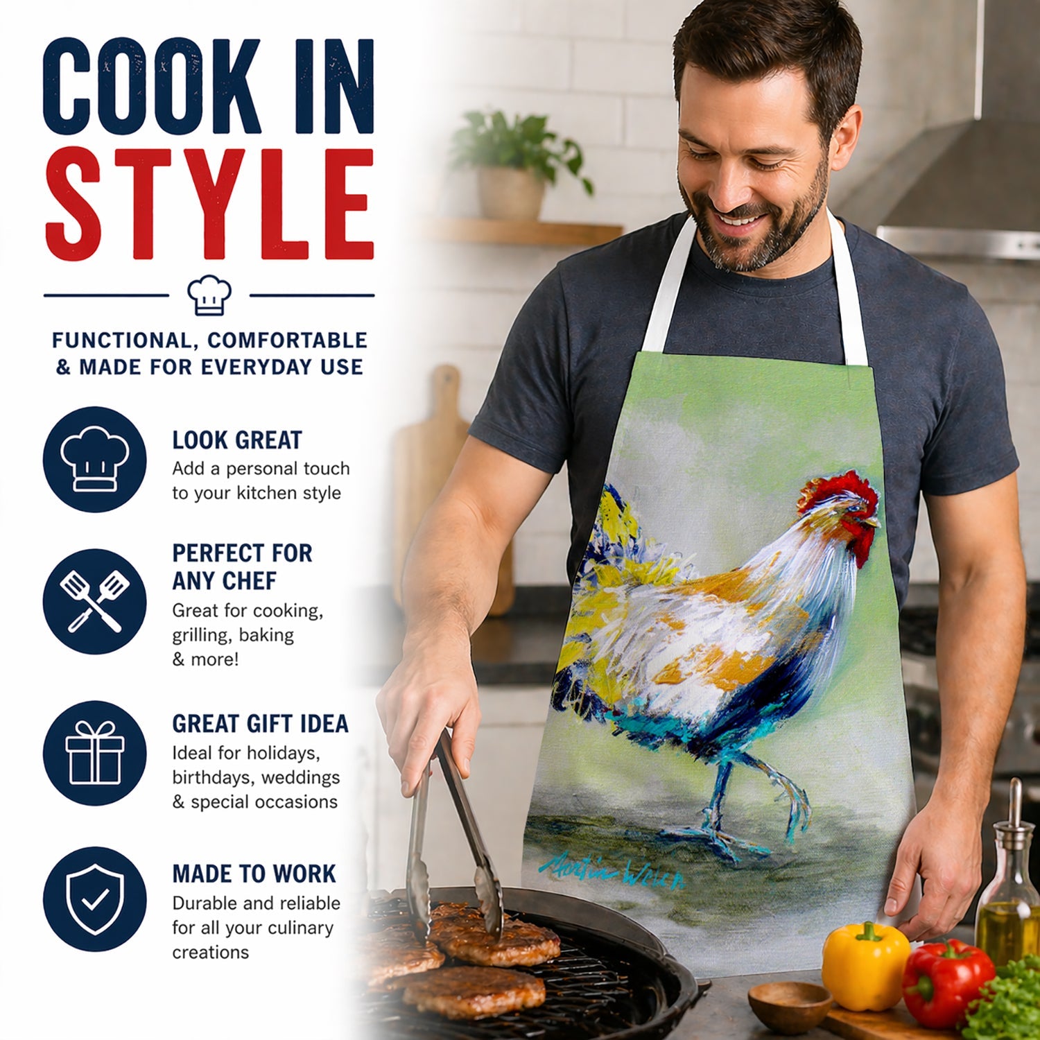 Sunrise Rooster Apron Cooking Kitchen Server Baking Crafts Gardening for Adult Women Men, Unisex, Large, Multicolor