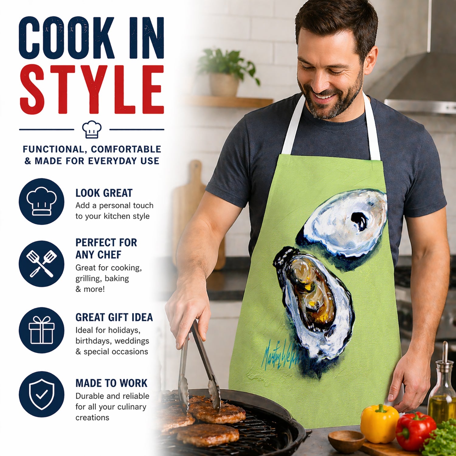 Two Oyster Shells Apron Cooking Kitchen Server Baking Crafts Gardening for Adult Women Men, Unisex, Large, Multicolor