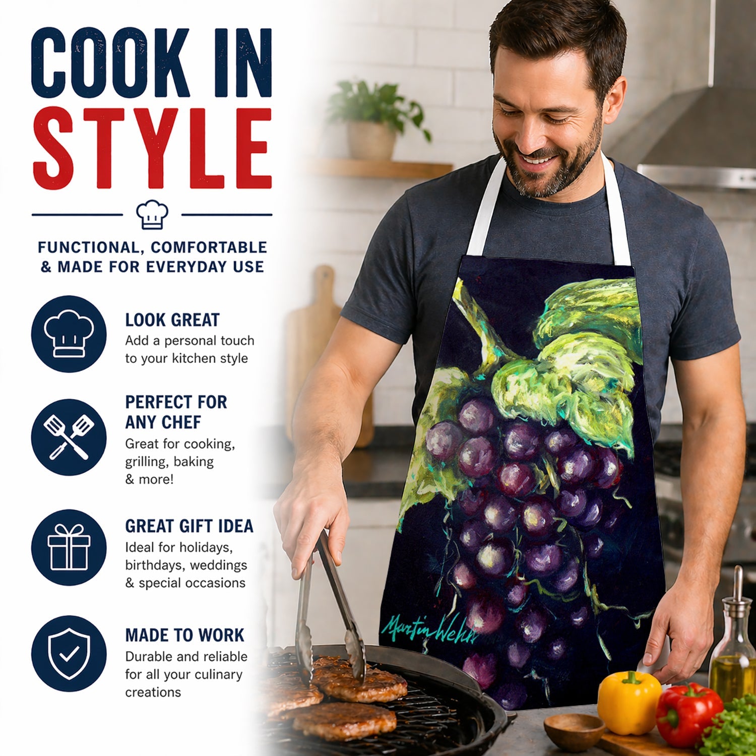Martins Grapes Apron Cooking Kitchen Server Baking Crafts Gardening for Adult Women Men, Unisex, Large, Multicolor