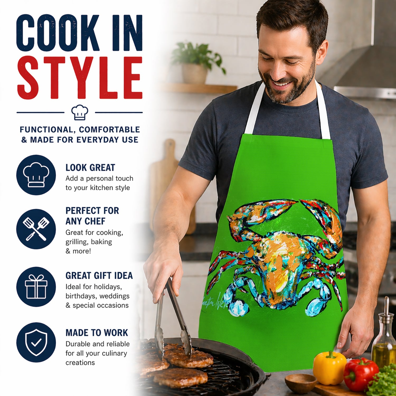 Wide Load Crab Apron Cooking Kitchen Server Baking Crafts Gardening for Adult Women Men, Unisex, Large, Multicolor
