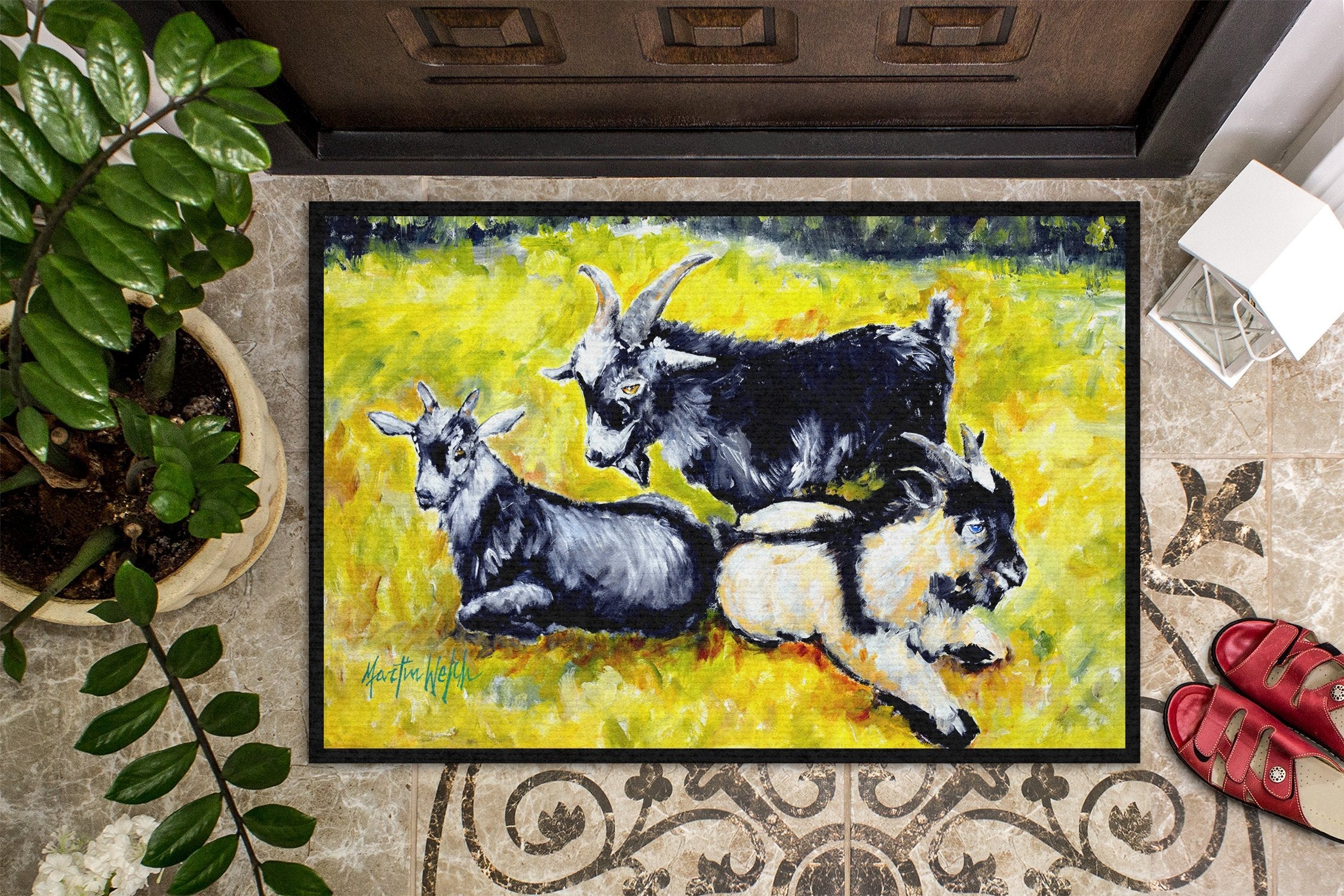 Three Goats Doormat Indoor Outdoor 24H X 36W Front Door Mat Rugs for Entryway, Non Slip Washable Low Pile,