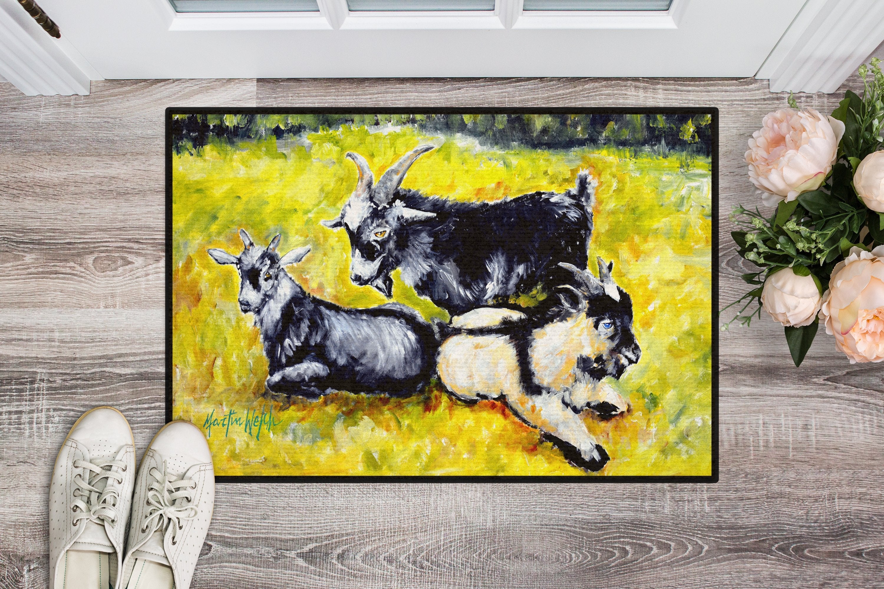 Three Goats Doormat Indoor Outdoor 24H X 36W Front Door Mat Rugs for Entryway, Non Slip Washable Low Pile,