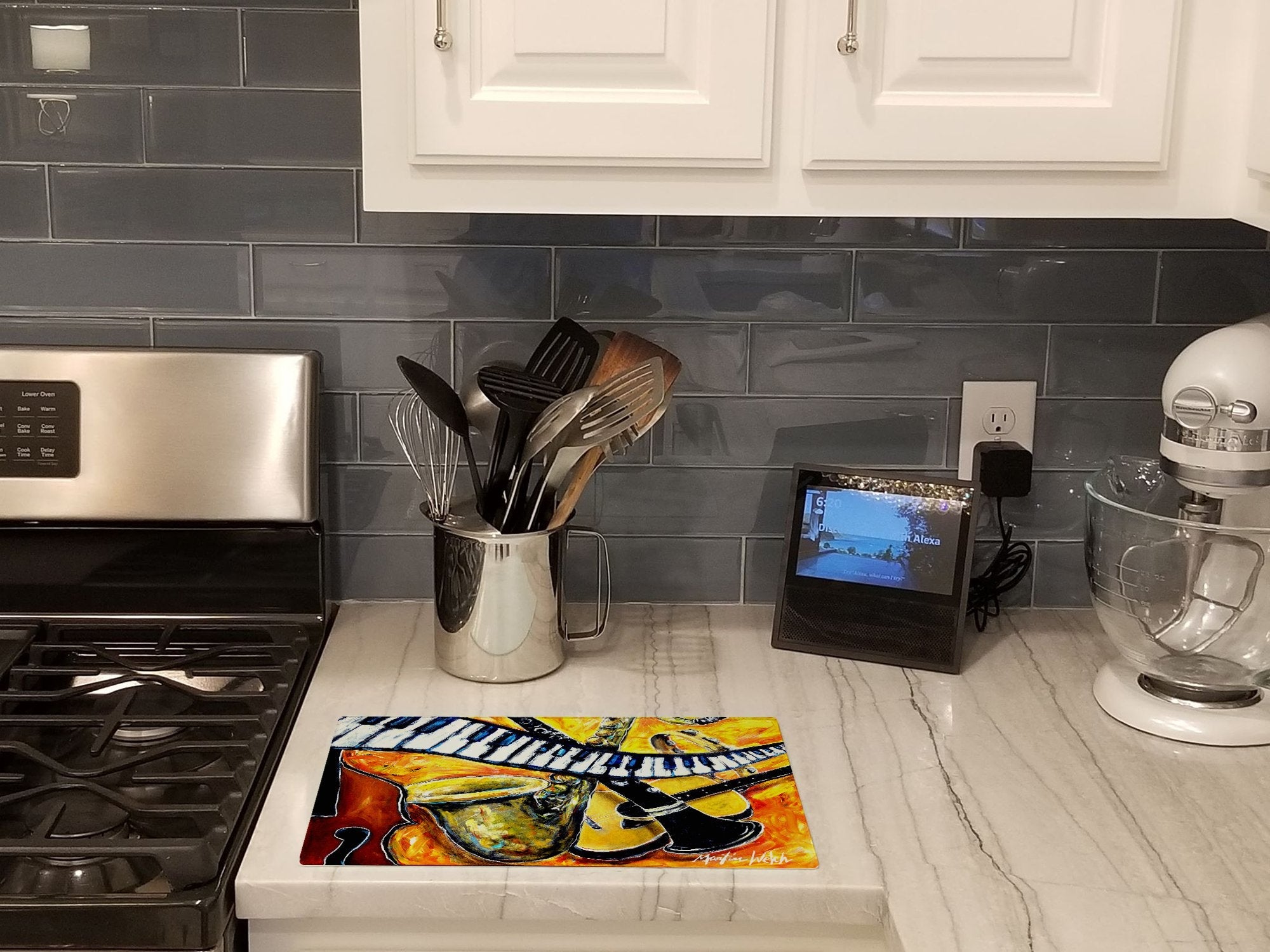 All That Jazz Cutting Board Tempered Glass Kitchen Cutting Surface, Heat Resistant Chopping, Non-Slip Feet, Food Prep & Serving