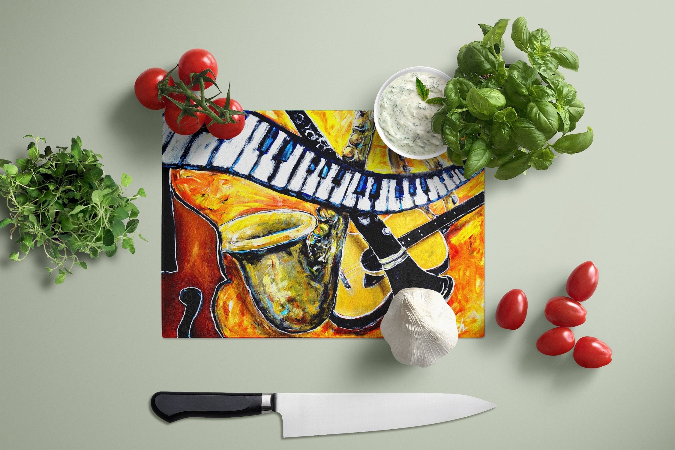 All That Jazz Cutting Board Tempered Glass Kitchen Cutting Surface, Heat Resistant Chopping, Non-Slip Feet, Food Prep & Serving