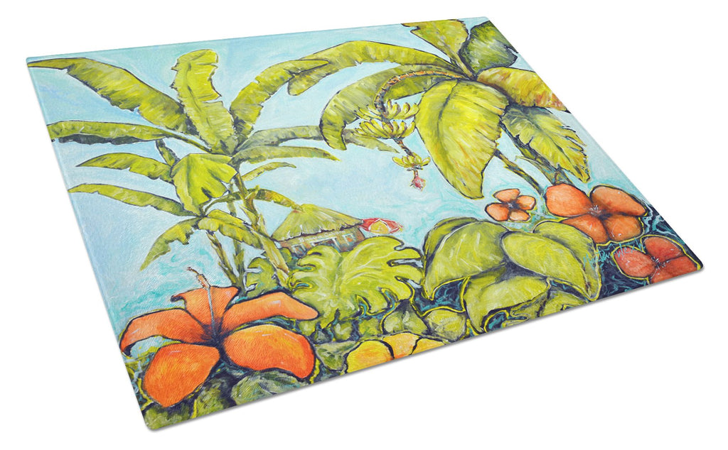 Banana Cabana Cutting Board Tempered Glass Kitchen Cutting Surface, Heat Resistant Chopping, Non-Slip Feet, Food Prep & Serving