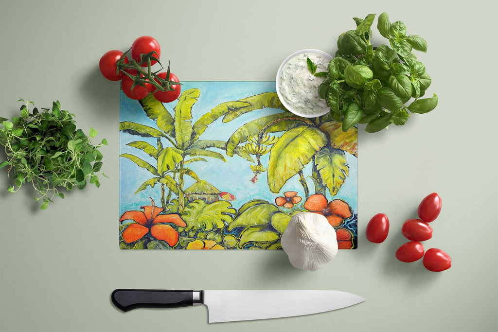 Banana Cabana Cutting Board Tempered Glass Kitchen Cutting Surface, Heat Resistant Chopping, Non-Slip Feet, Food Prep & Serving