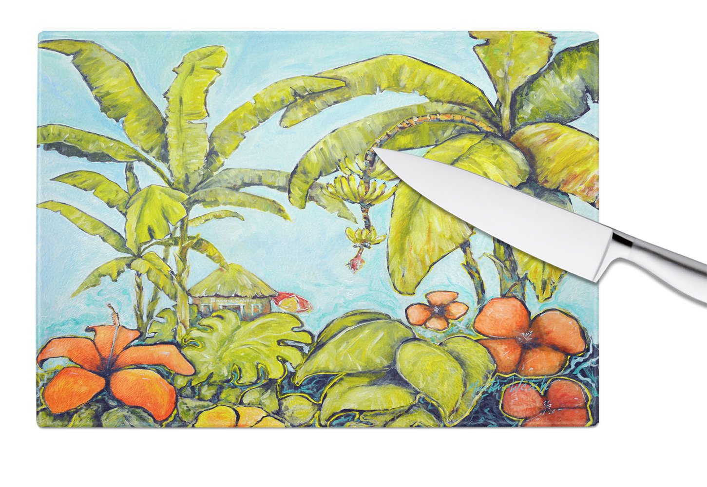 Banana Cabana Cutting Board Tempered Glass Kitchen Cutting Surface, Heat Resistant Chopping, Non-Slip Feet, Food Prep & Serving