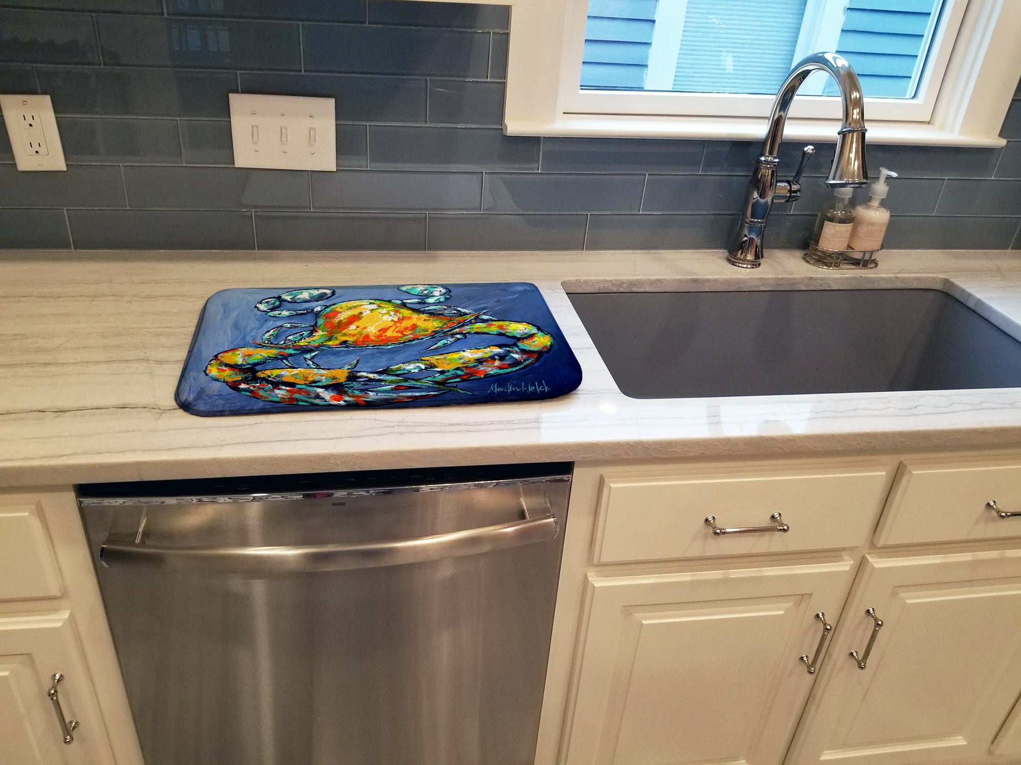 Blue Gray Kinda Day Crab Dish Drying Mat Absorbent Dish Drying Mat Pad for Kitchen Counter Dish Drainer Mat for Countertop, 14 x 21", Multicolor