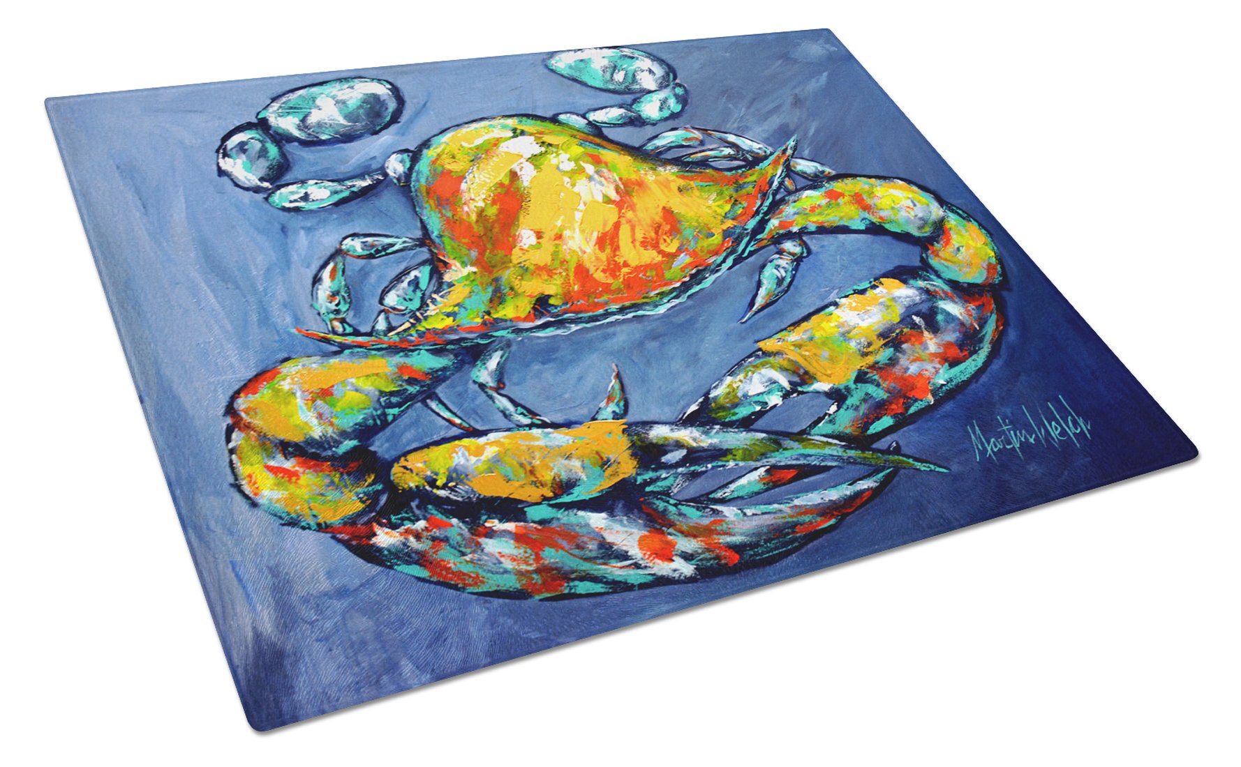 Blue Gray Kinda Day Crab Cutting Board Tempered Glass Kitchen Cutting Surface, Heat Resistant Chopping, Non-Slip Feet, Food Prep & Serving