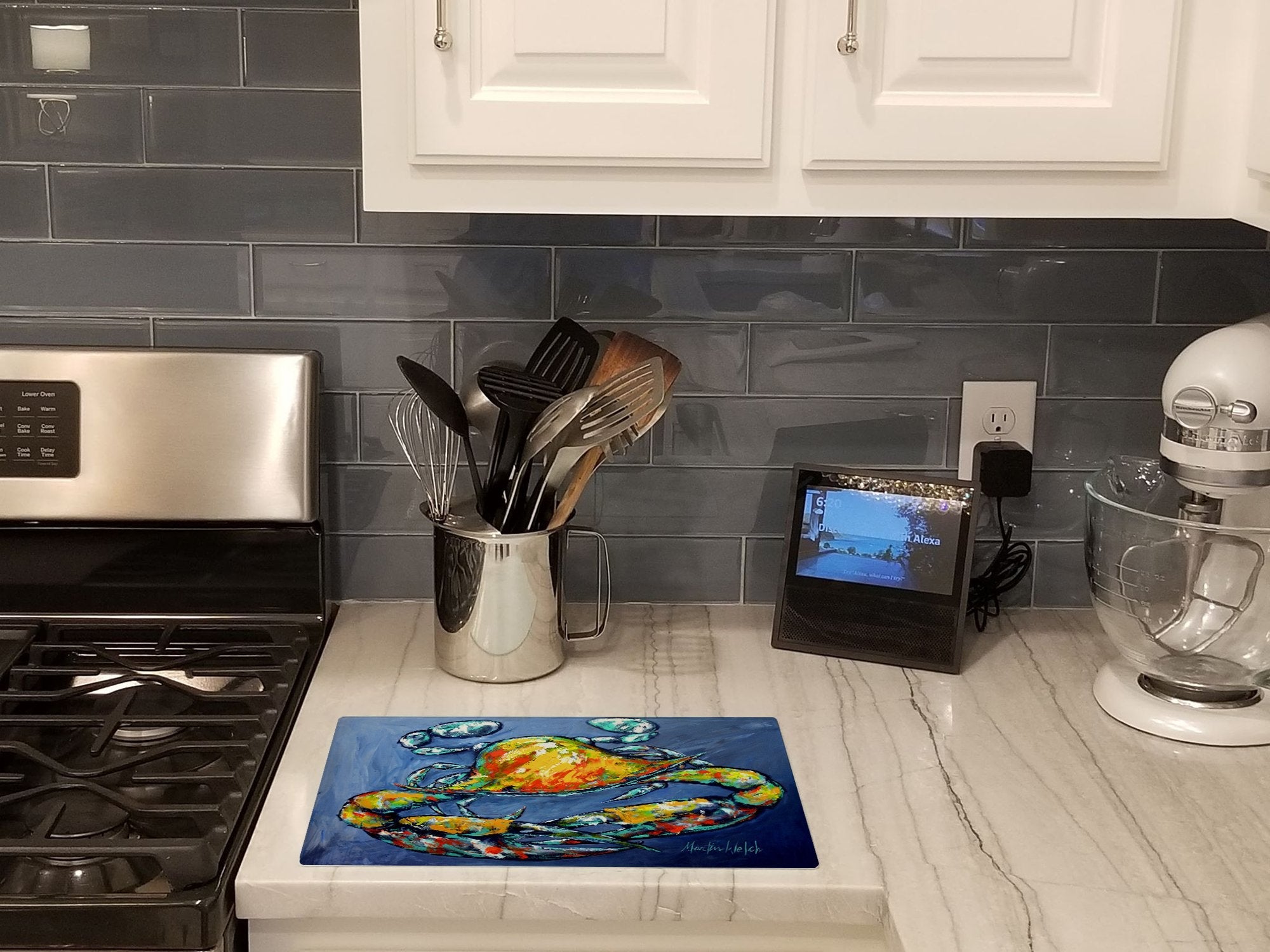 Blue Gray Kinda Day Crab Cutting Board Tempered Glass Kitchen Cutting Surface, Heat Resistant Chopping, Non-Slip Feet, Food Prep & Serving