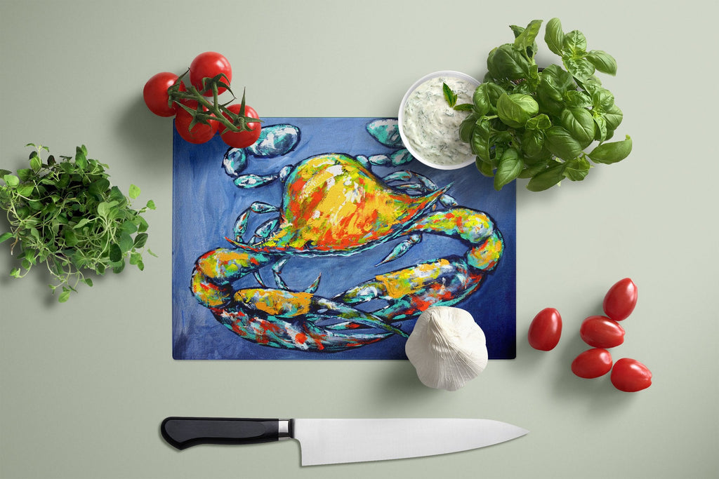 Blue Gray Kinda Day Crab Cutting Board Tempered Glass Kitchen Cutting Surface, Heat Resistant Chopping, Non-Slip Feet, Food Prep & Serving