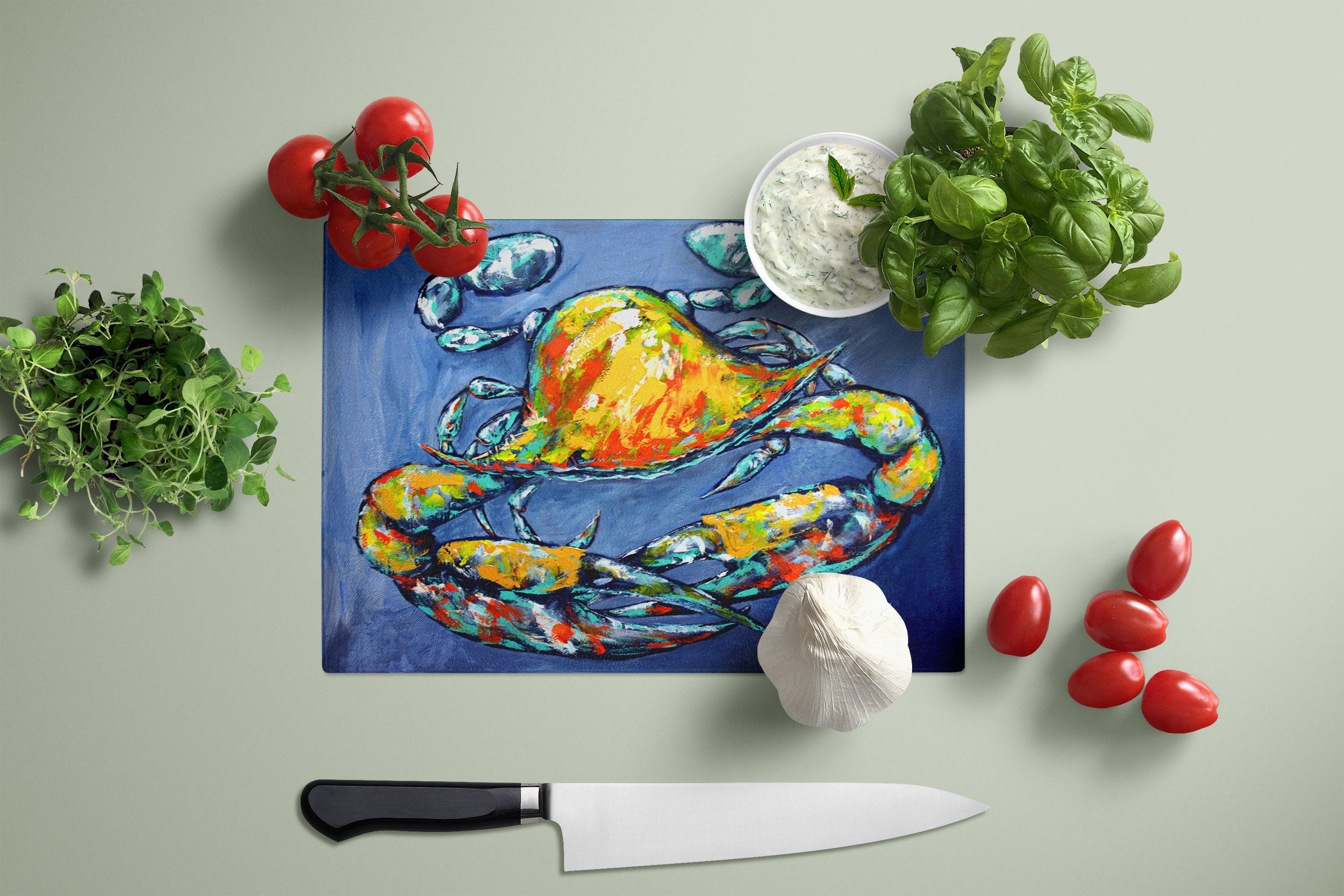 Blue Gray Kinda Day Crab Cutting Board Tempered Glass Kitchen Cutting Surface, Heat Resistant Chopping, Non-Slip Feet, Food Prep & Serving