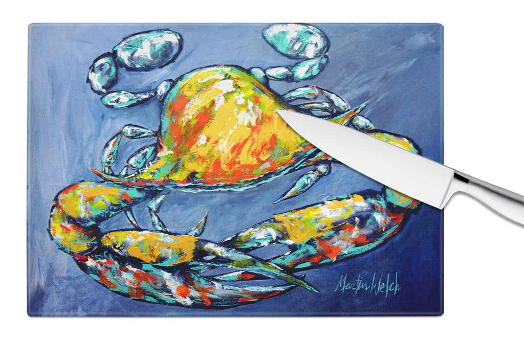 Blue Gray Kinda Day Crab Cutting Board Tempered Glass Kitchen Cutting Surface, Heat Resistant Chopping, Non-Slip Feet, Food Prep & Serving