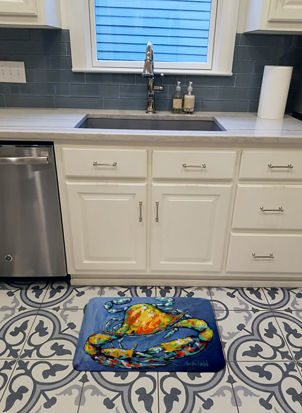 Blue Gray Kinda Day Crab Memory Foam Kitchen Mat Machine Washable Anti-Fatigue Cushion Comfort Bath or Kitchen Rug