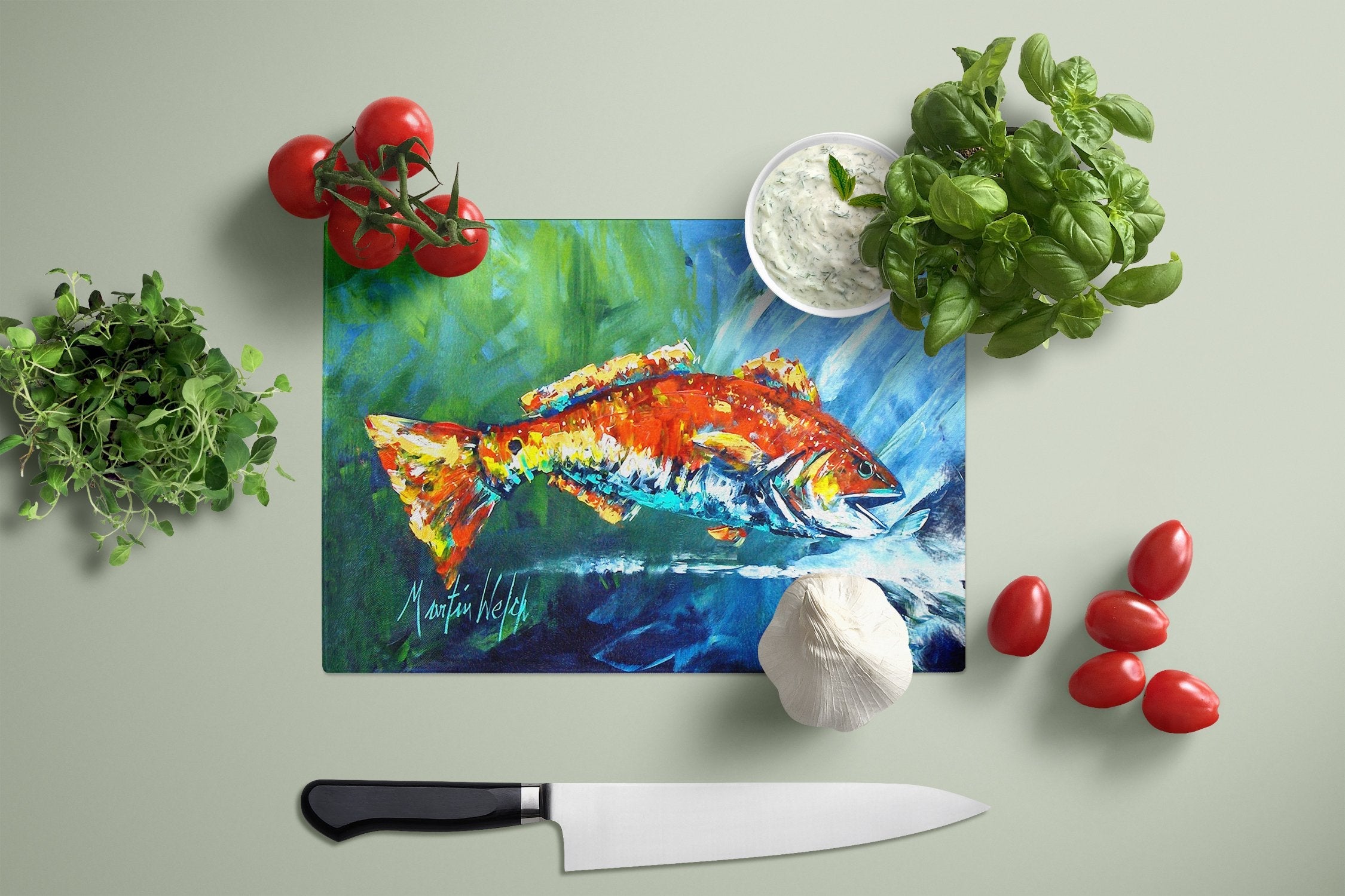 Break Through Red Fish Cutting Board Tempered Glass Kitchen Cutting Surface, Heat Resistant Chopping, Non-Slip Feet, Food Prep & Serving