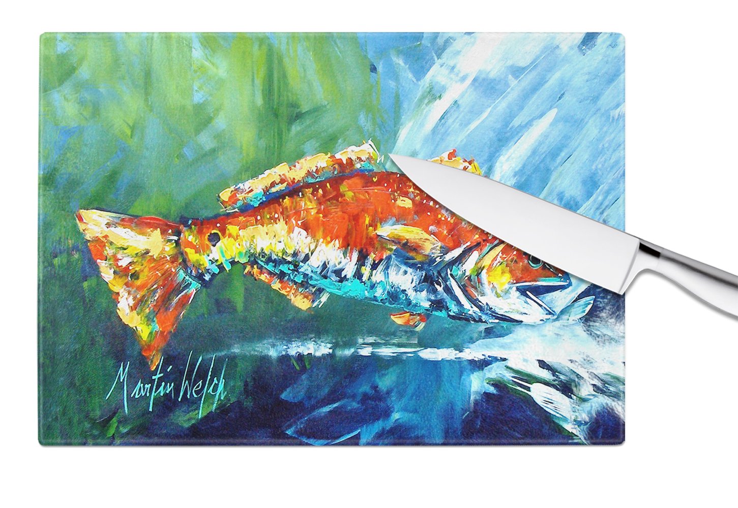 Break Through Red Fish Cutting Board Tempered Glass Kitchen Cutting Surface, Heat Resistant Chopping, Non-Slip Feet, Food Prep & Serving