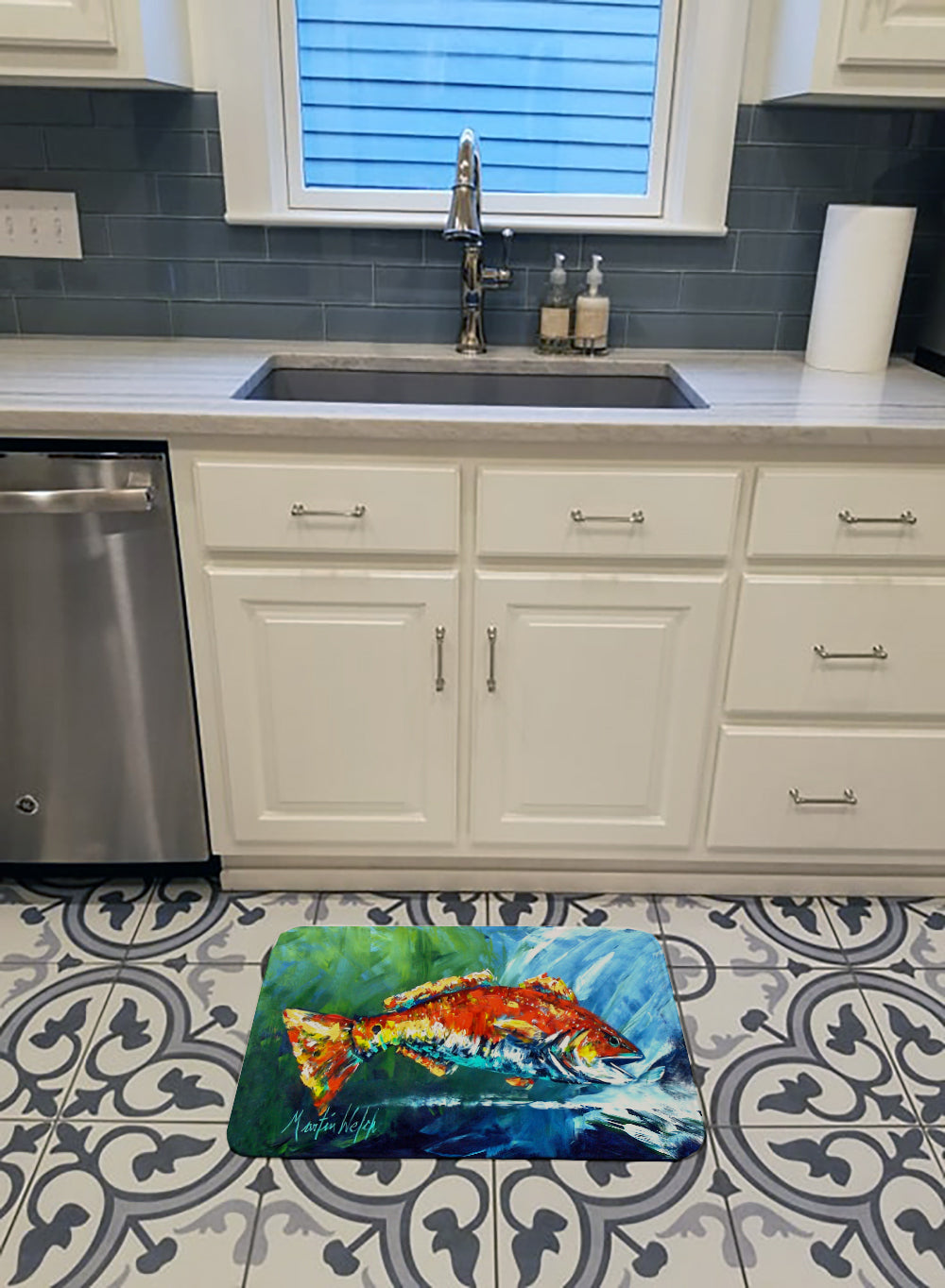 Break Through Red Fish Memory Foam Kitchen Mat Machine Washable Anti-Fatigue Cushion Comfort Bath or Kitchen Rug