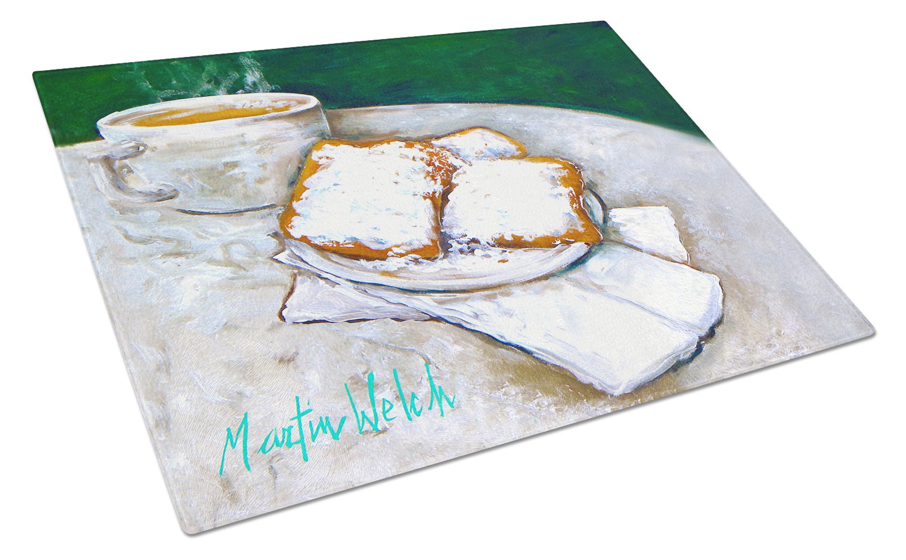 Breakfast Delight Beignets Cutting Board Tempered Glass Kitchen Cutting Surface, Heat Resistant Chopping, Non-Slip Feet, Food Prep & Serving