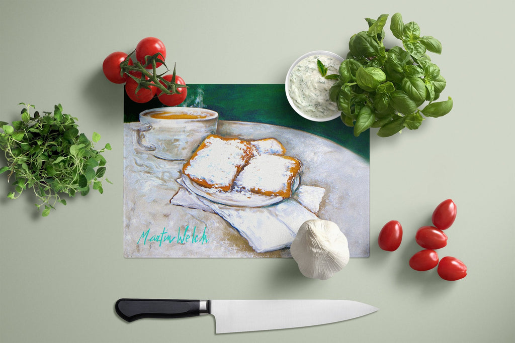 Breakfast Delight Beignets Cutting Board Tempered Glass Kitchen Cutting Surface, Heat Resistant Chopping, Non-Slip Feet, Food Prep & Serving