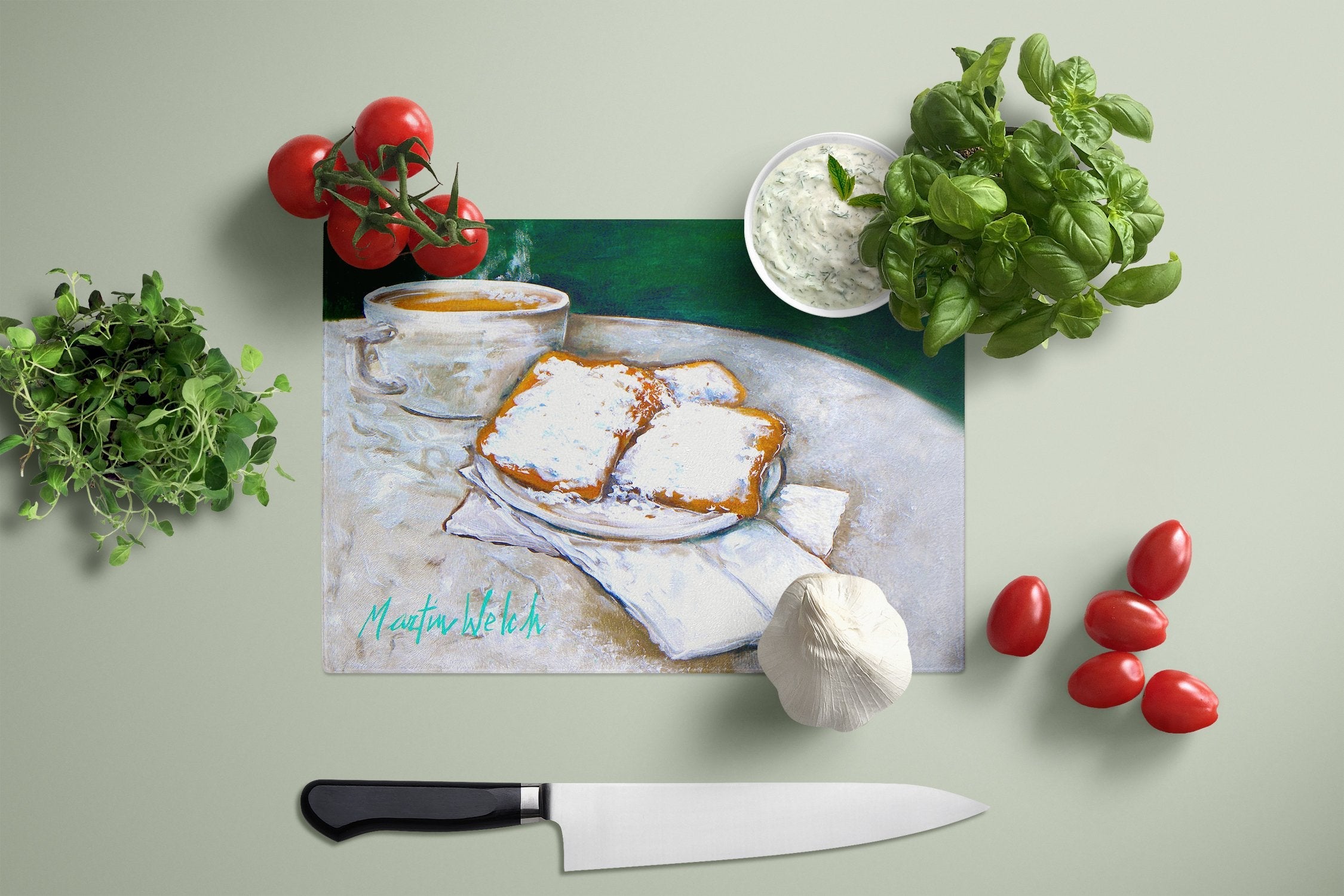 Breakfast Delight Beignets Cutting Board Tempered Glass Kitchen Cutting Surface, Heat Resistant Chopping, Non-Slip Feet, Food Prep & Serving