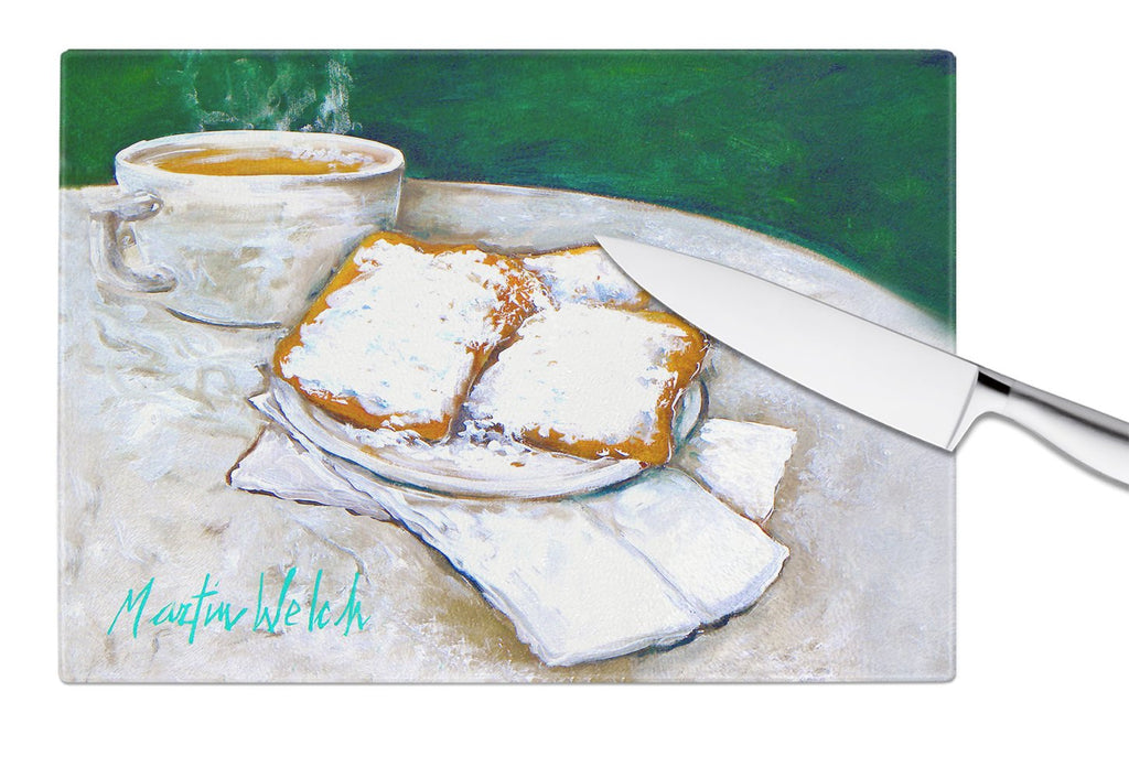 Breakfast Delight Beignets Cutting Board Tempered Glass Kitchen Cutting Surface, Heat Resistant Chopping, Non-Slip Feet, Food Prep & Serving