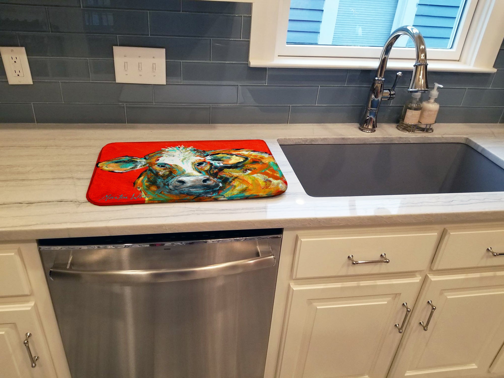 Caught Red Handed Cow Dish Drying Mat Absorbent Dish Drying Mat Pad for Kitchen Counter Dish Drainer Mat for Countertop, 14 x 21", Multicolor