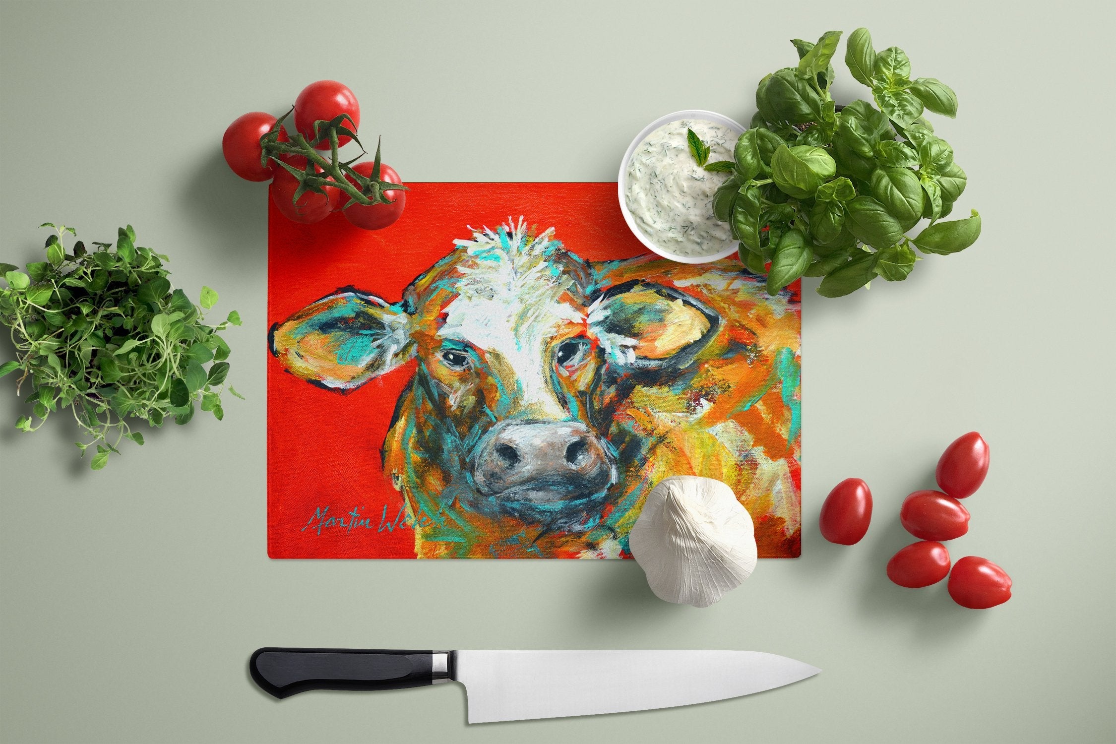 Caught Red Handed Cow Cutting Board Tempered Glass Kitchen Cutting Surface, Heat Resistant Chopping, Non-Slip Feet, Food Prep & Serving