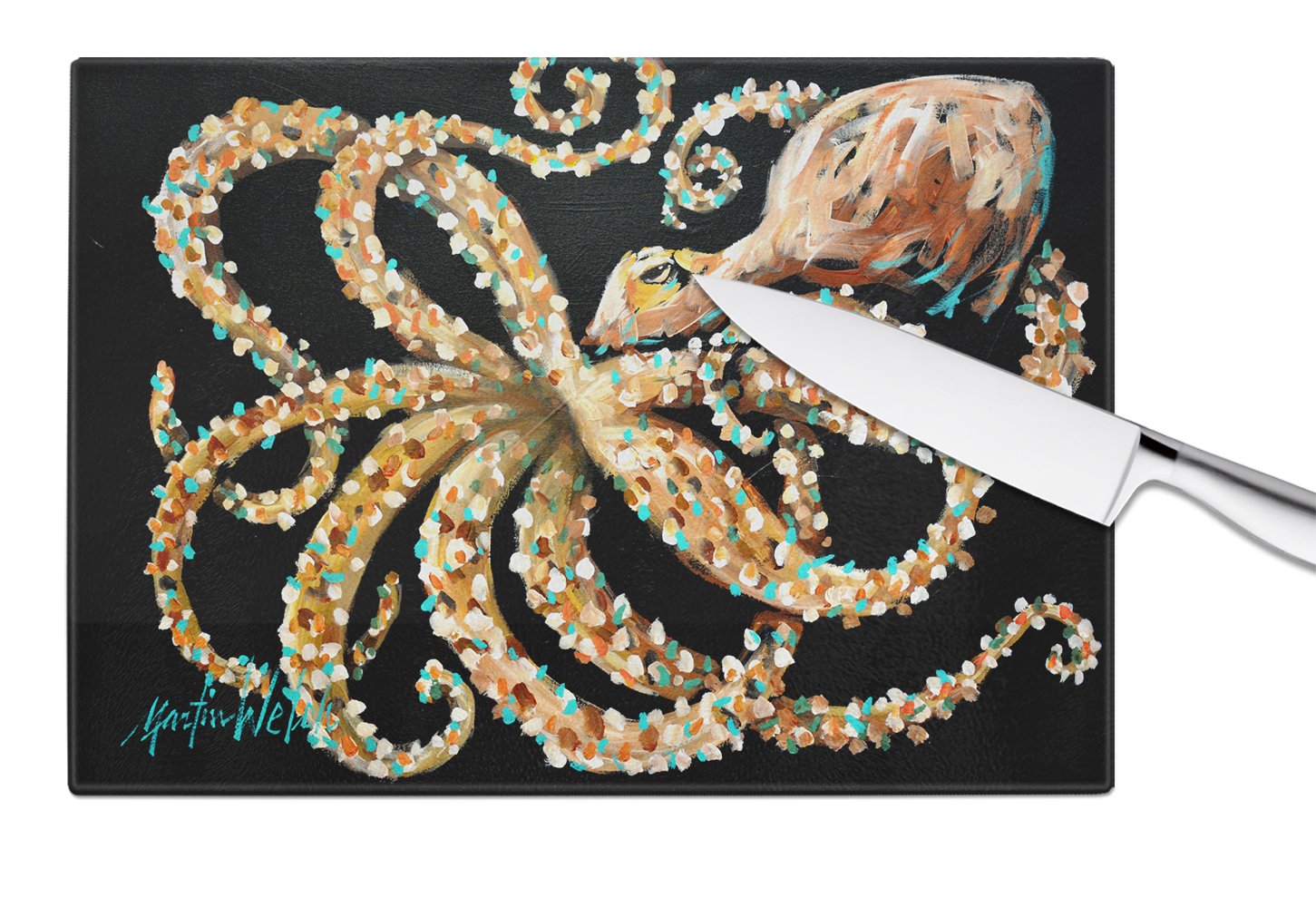 Eye On You Octopus Cutting Board Tempered Glass Kitchen Cutting Surface, Heat Resistant Chopping, Non-Slip Feet, Food Prep & Serving