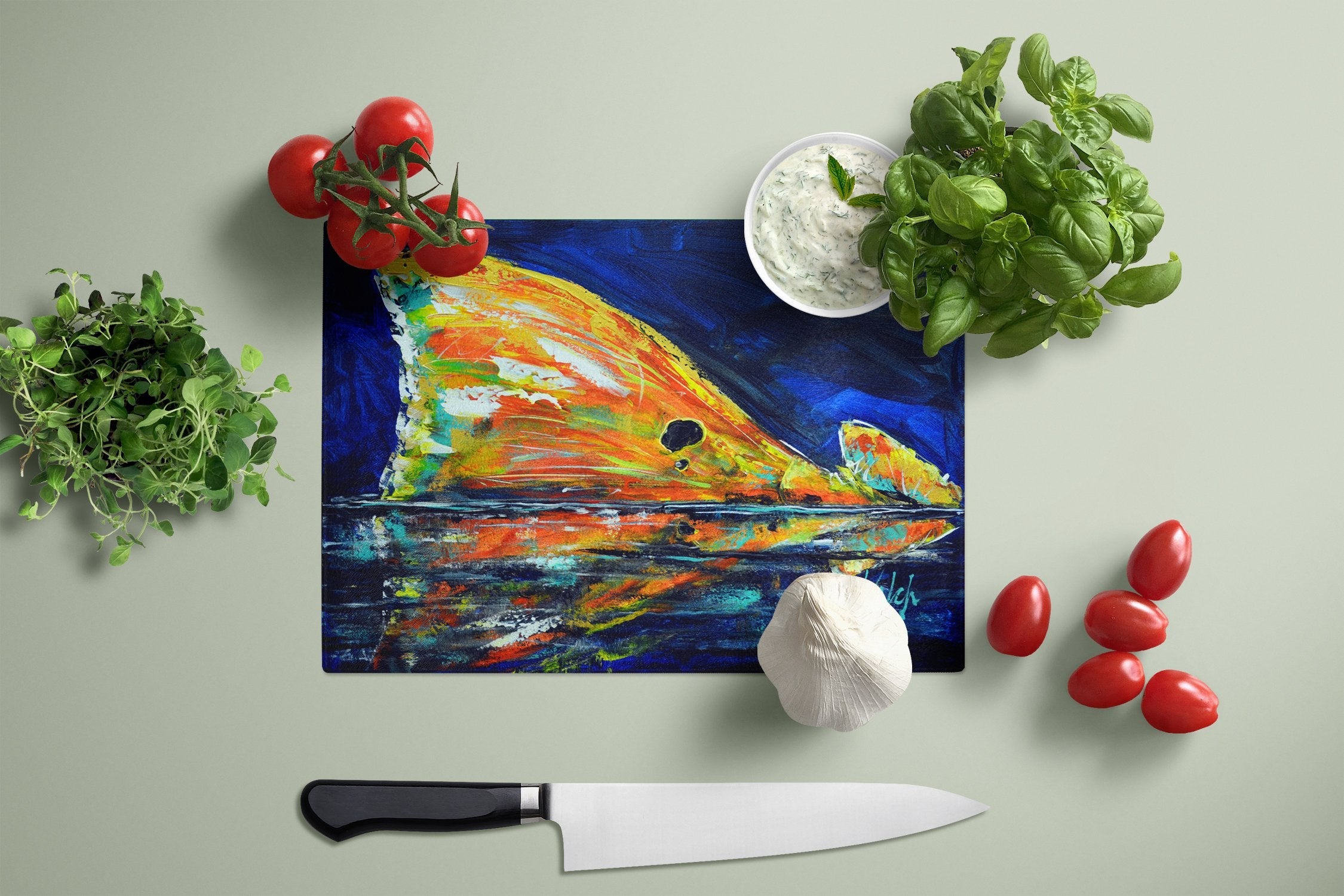 Flipper Red Fish Cutting Board Tempered Glass Kitchen Cutting Surface, Heat Resistant Chopping, Non-Slip Feet, Food Prep & Serving