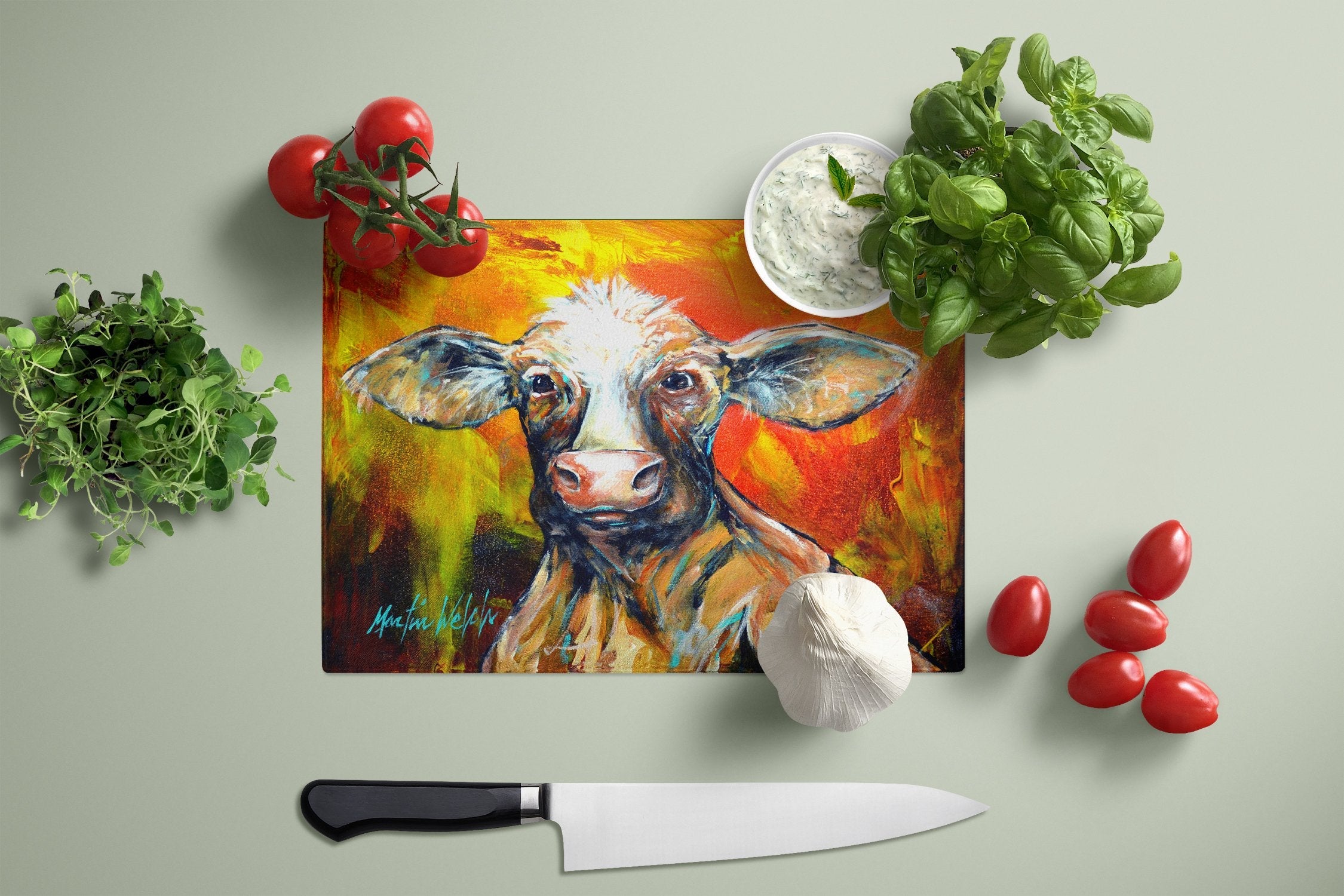 Happy Cow Cutting Board Tempered Glass Kitchen Cutting Surface, Heat Resistant Chopping, Non-Slip Feet, Food Prep & Serving
