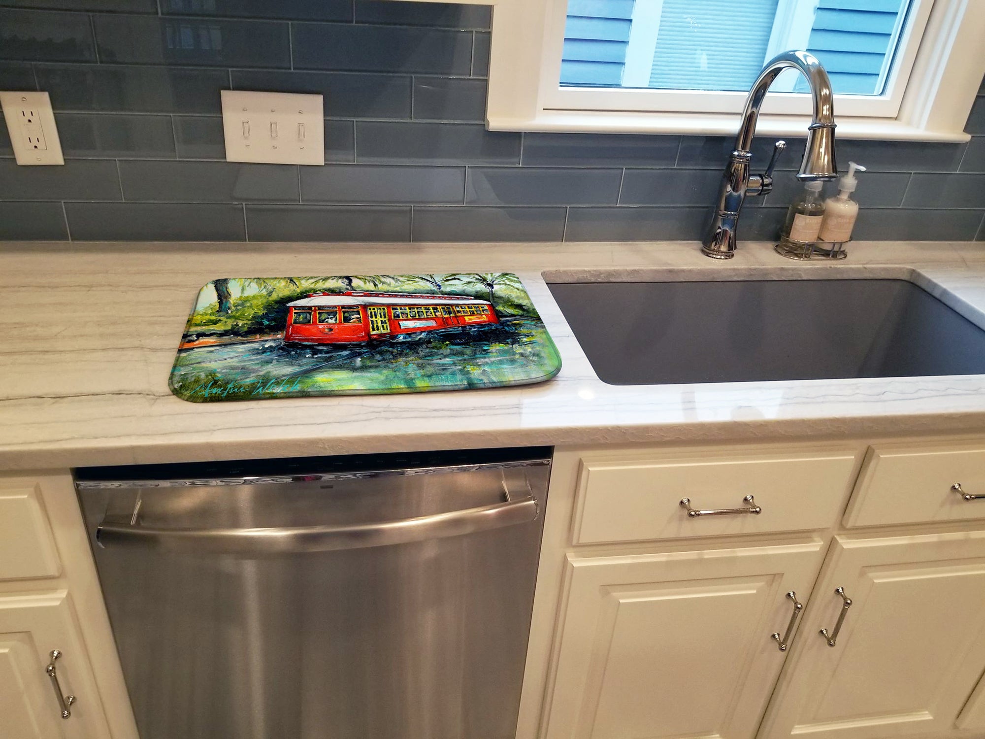 Little Red Street Car Dish Drying Mat Absorbent Dish Drying Mat Pad for Kitchen Counter Dish Drainer Mat for Countertop, 14 x 21", Multicolor