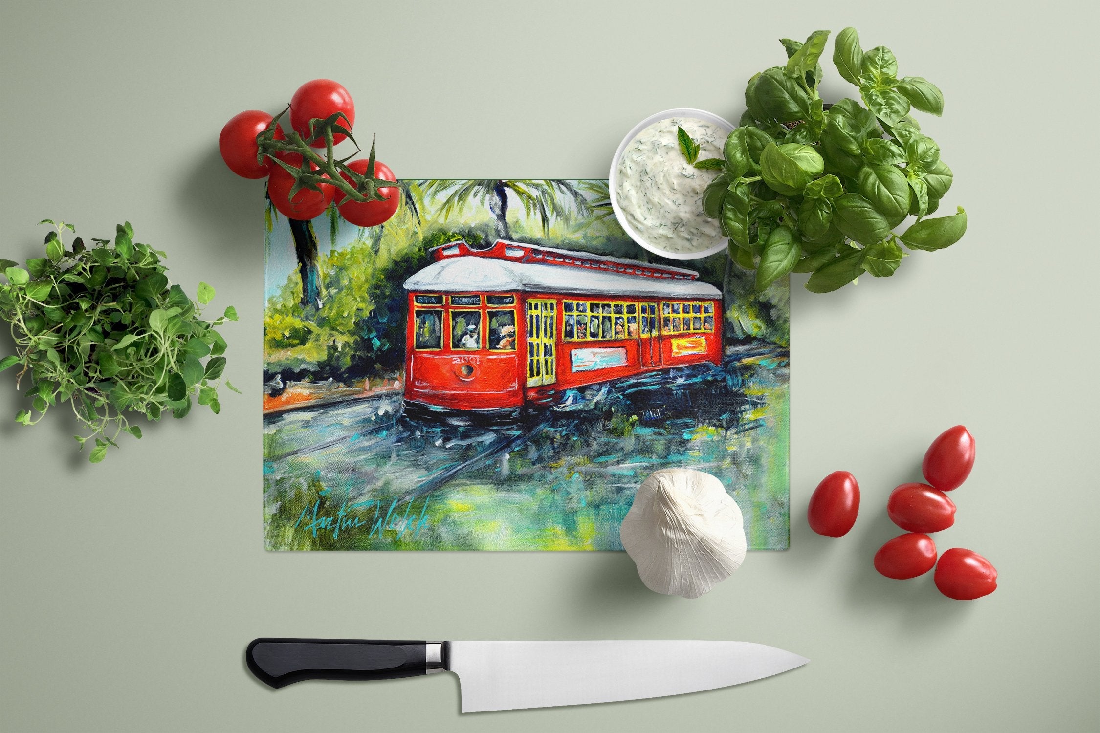 Little Red Street Car Cutting Board Tempered Glass Kitchen Cutting Surface, Heat Resistant Chopping, Non-Slip Feet, Food Prep & Serving