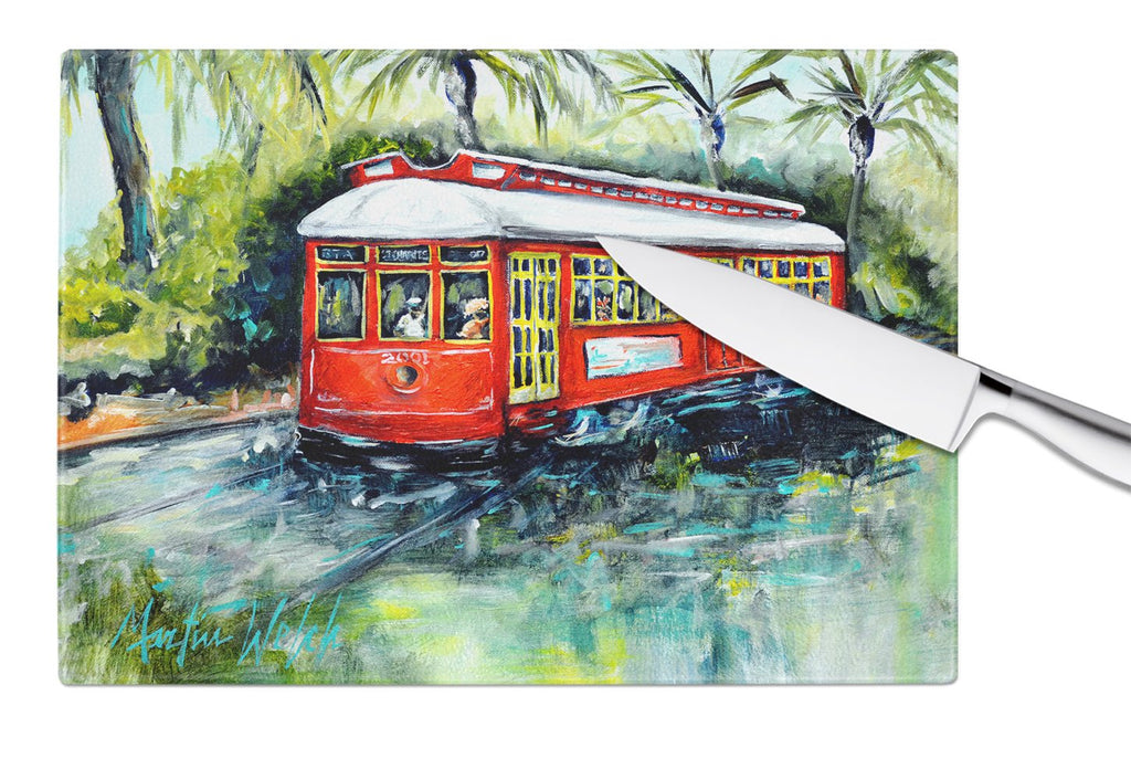 Little Red Street Car Cutting Board Tempered Glass Kitchen Cutting Surface, Heat Resistant Chopping, Non-Slip Feet, Food Prep & Serving