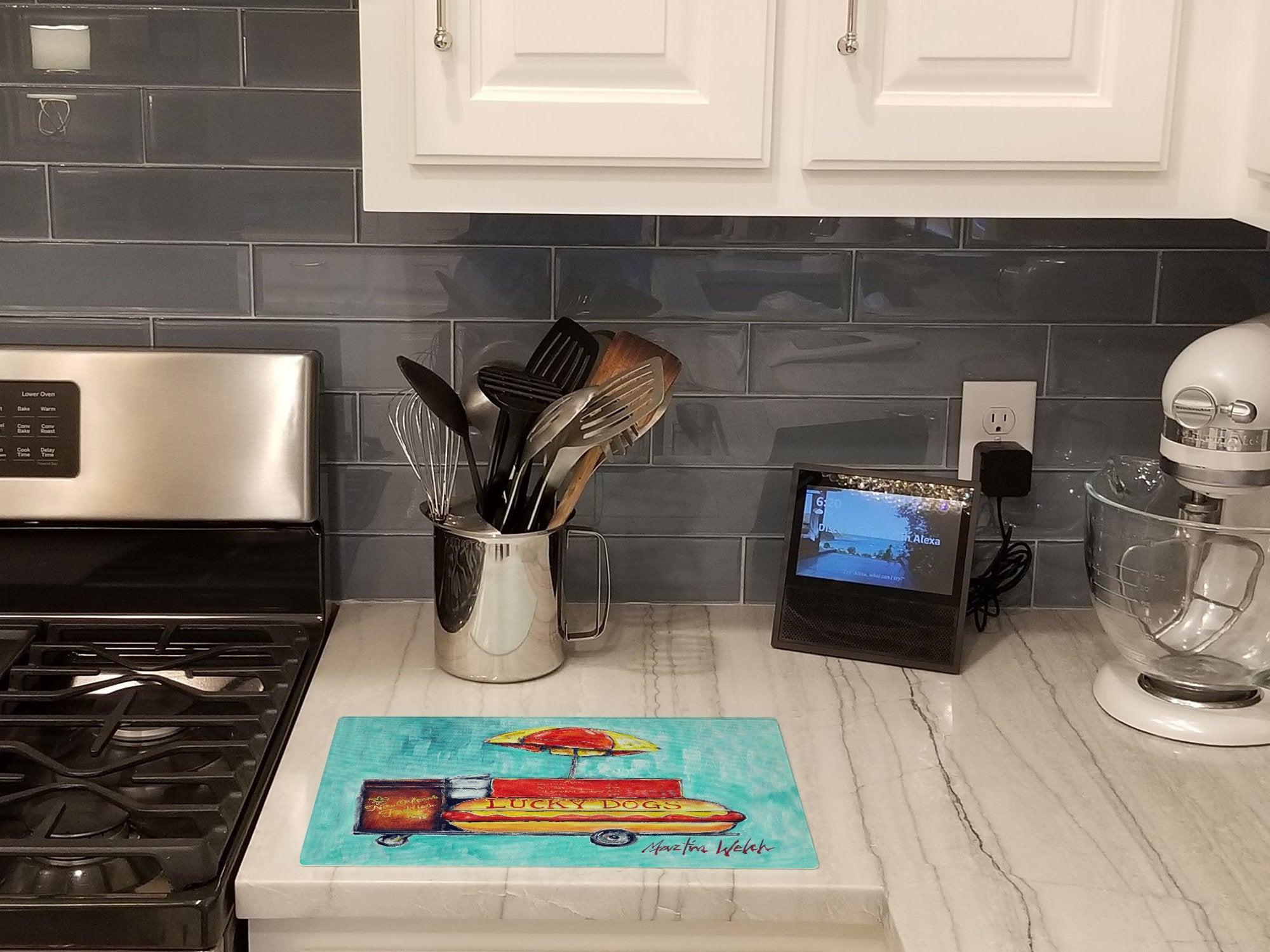 Lucky Dog for Me Cutting Board Tempered Glass Kitchen Cutting Surface, Heat Resistant Chopping, Non-Slip Feet, Food Prep & Serving