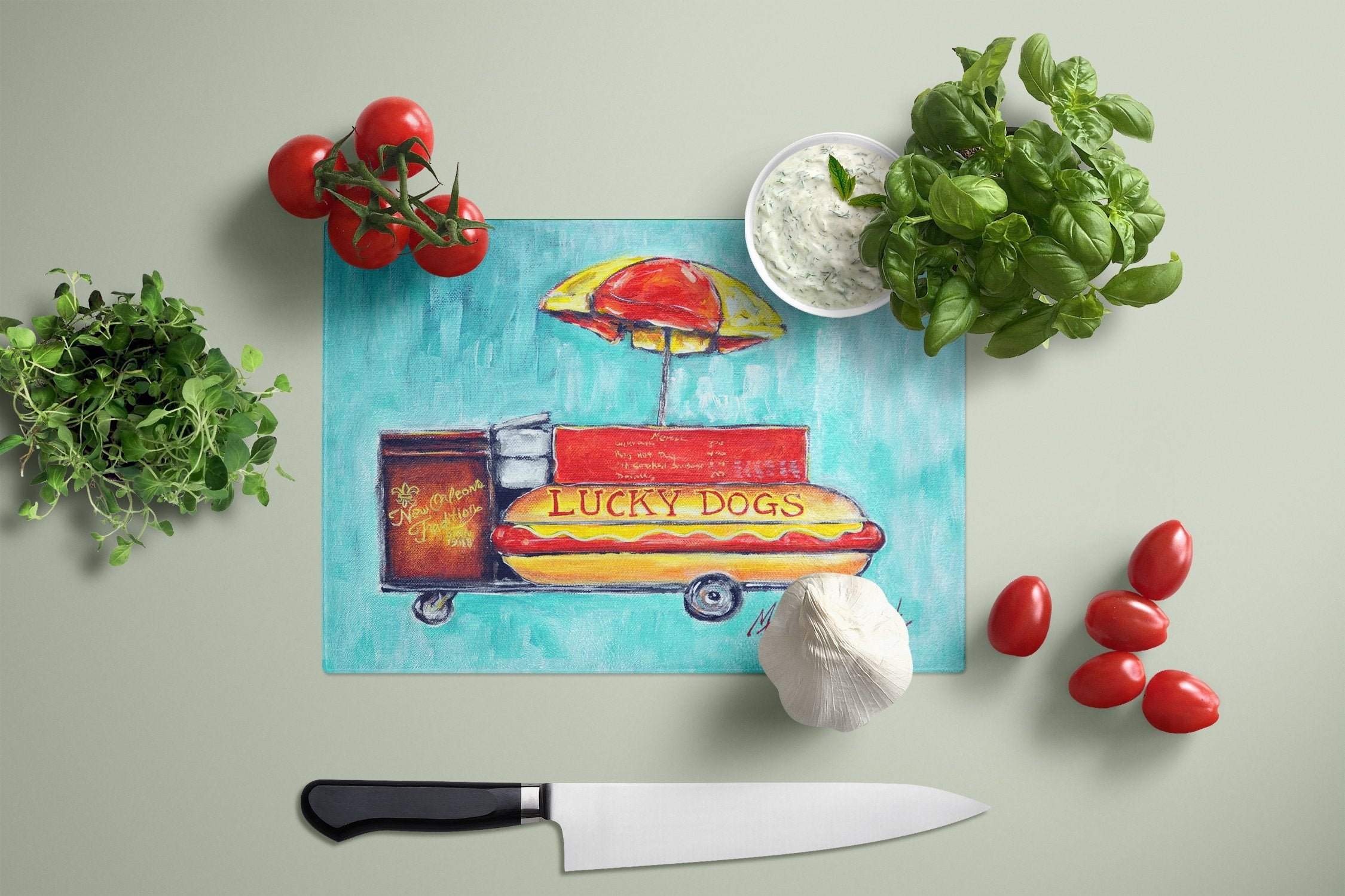 Lucky Dog for Me Cutting Board Tempered Glass Kitchen Cutting Surface, Heat Resistant Chopping, Non-Slip Feet, Food Prep & Serving
