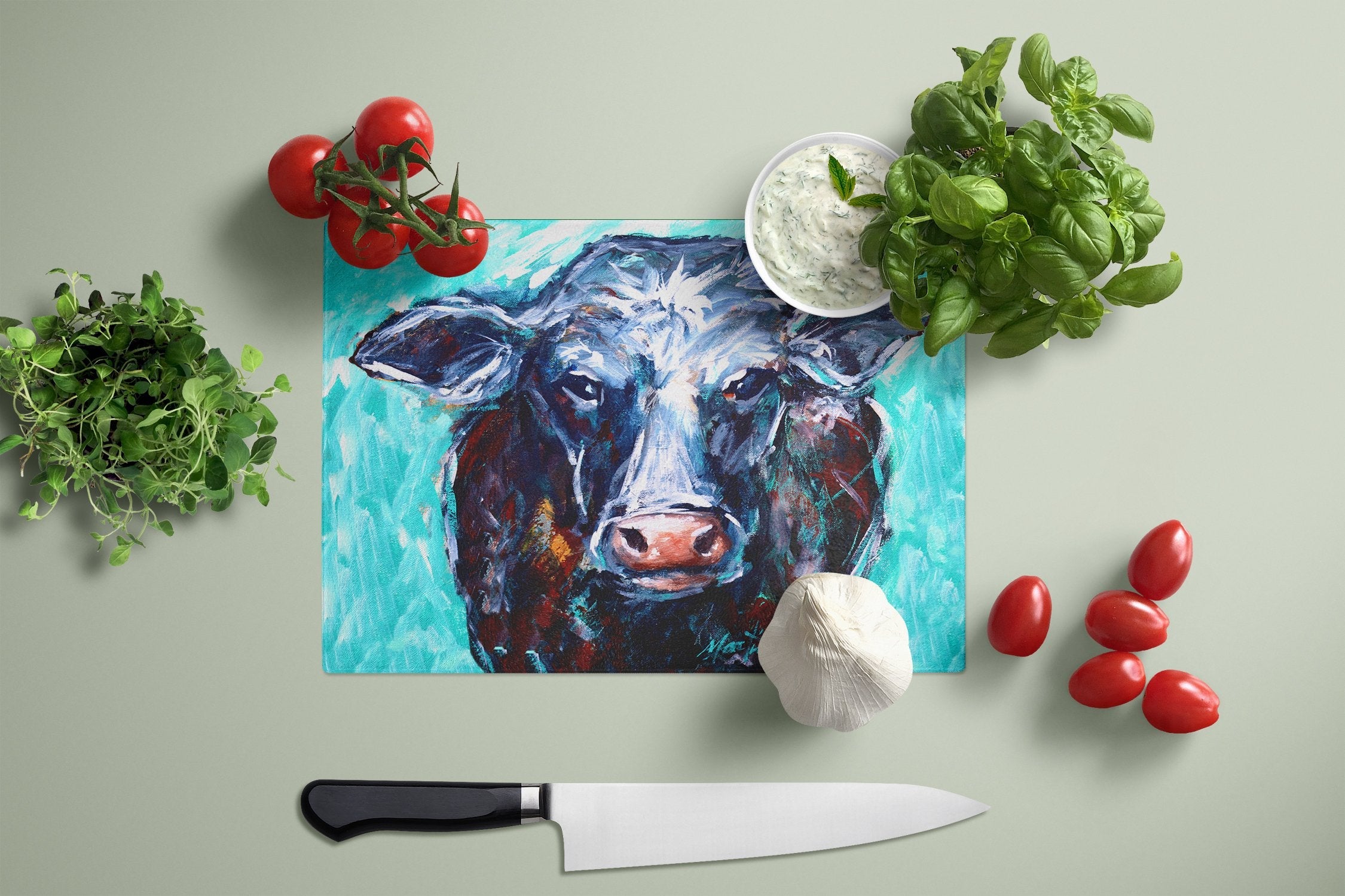 Moo Cow Cutting Board Tempered Glass Kitchen Cutting Surface, Heat Resistant Chopping, Non-Slip Feet, Food Prep & Serving