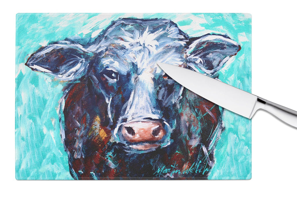 Moo Cow Cutting Board Tempered Glass Kitchen Cutting Surface, Heat Resistant Chopping, Non-Slip Feet, Food Prep & Serving
